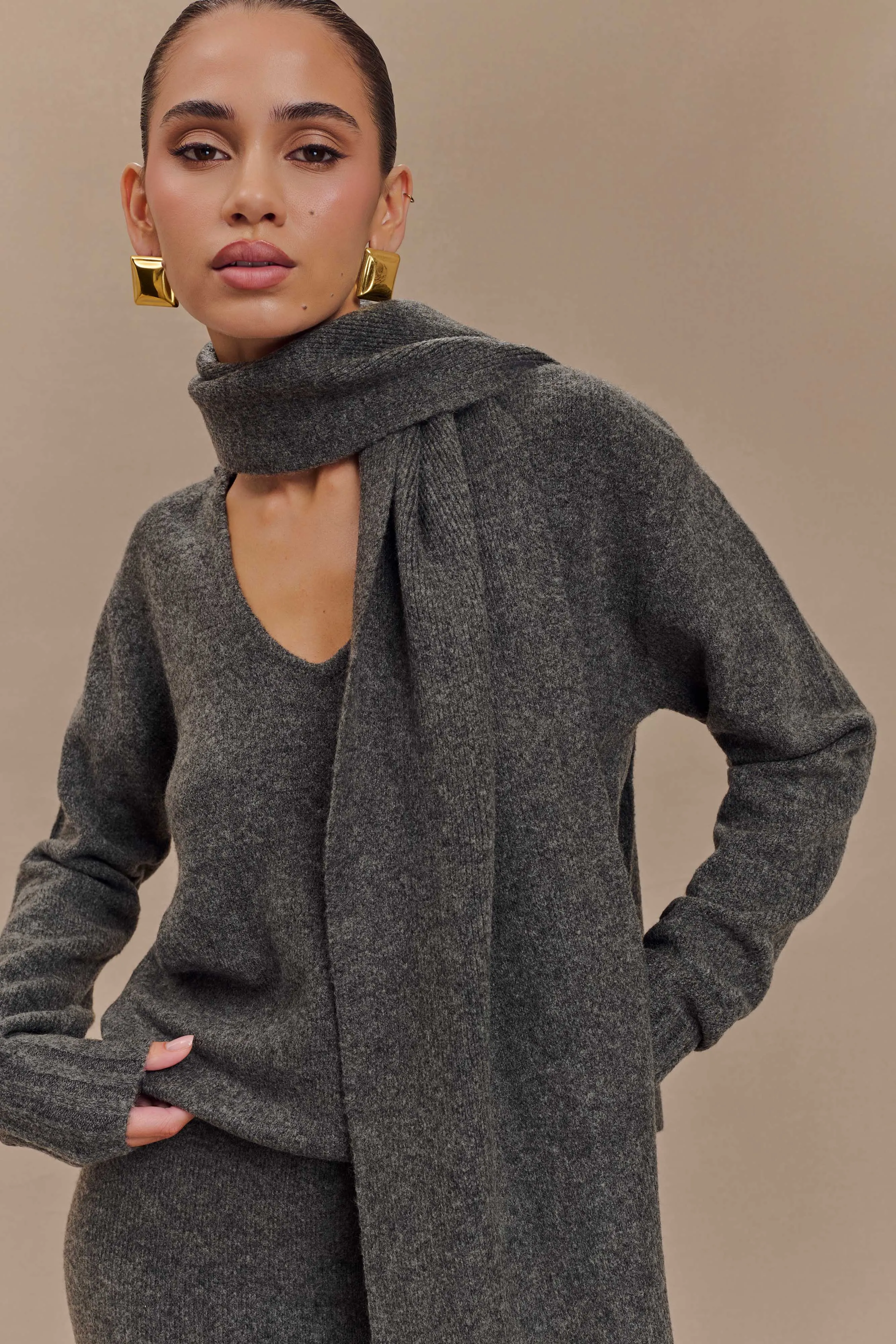 Ella V Neck Knit Jumper With Scarf - Charcoal Marle