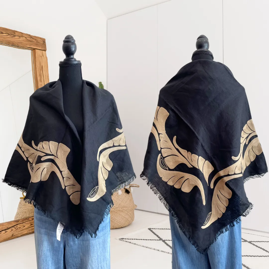 Embroidered Palm Linen Scarf