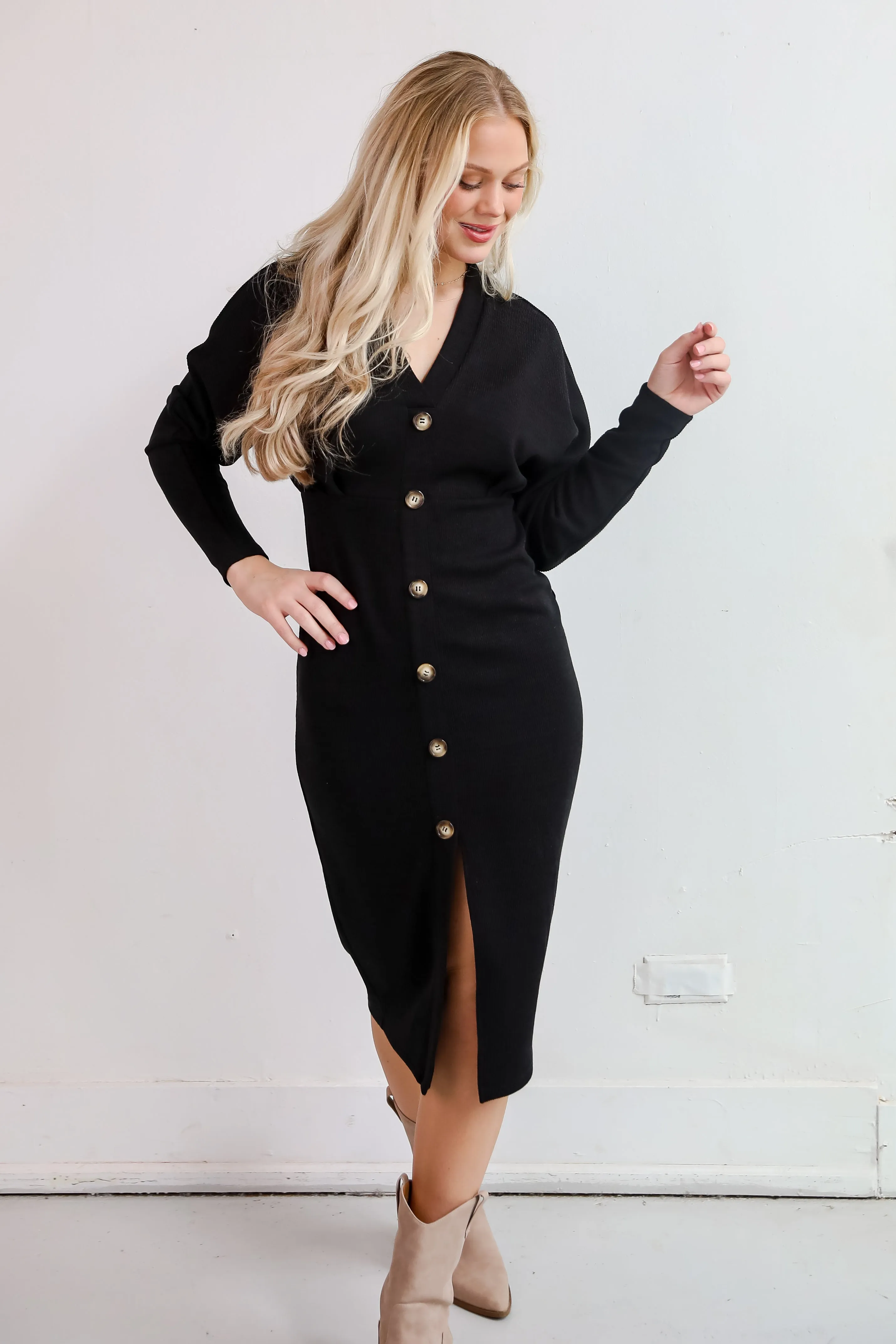 Exemplary Allure Black Ribbed Knit Midi Dress