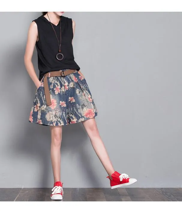 Floral Loose Denim Cotton Pants Summer Women Shorts