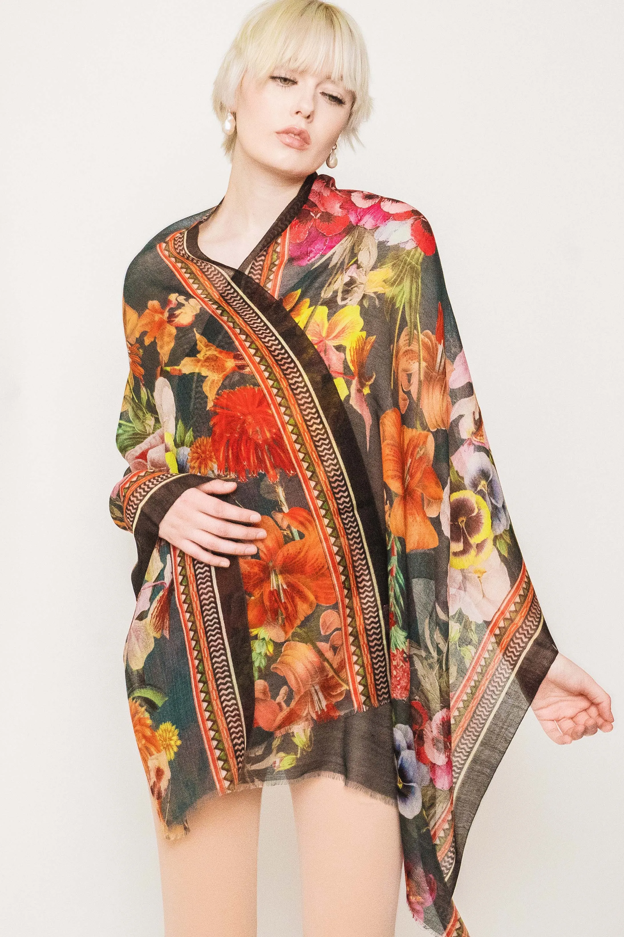 Floral Silk Wool Scarf - Winter Sale 50% Off - At checkout use code Winter50%