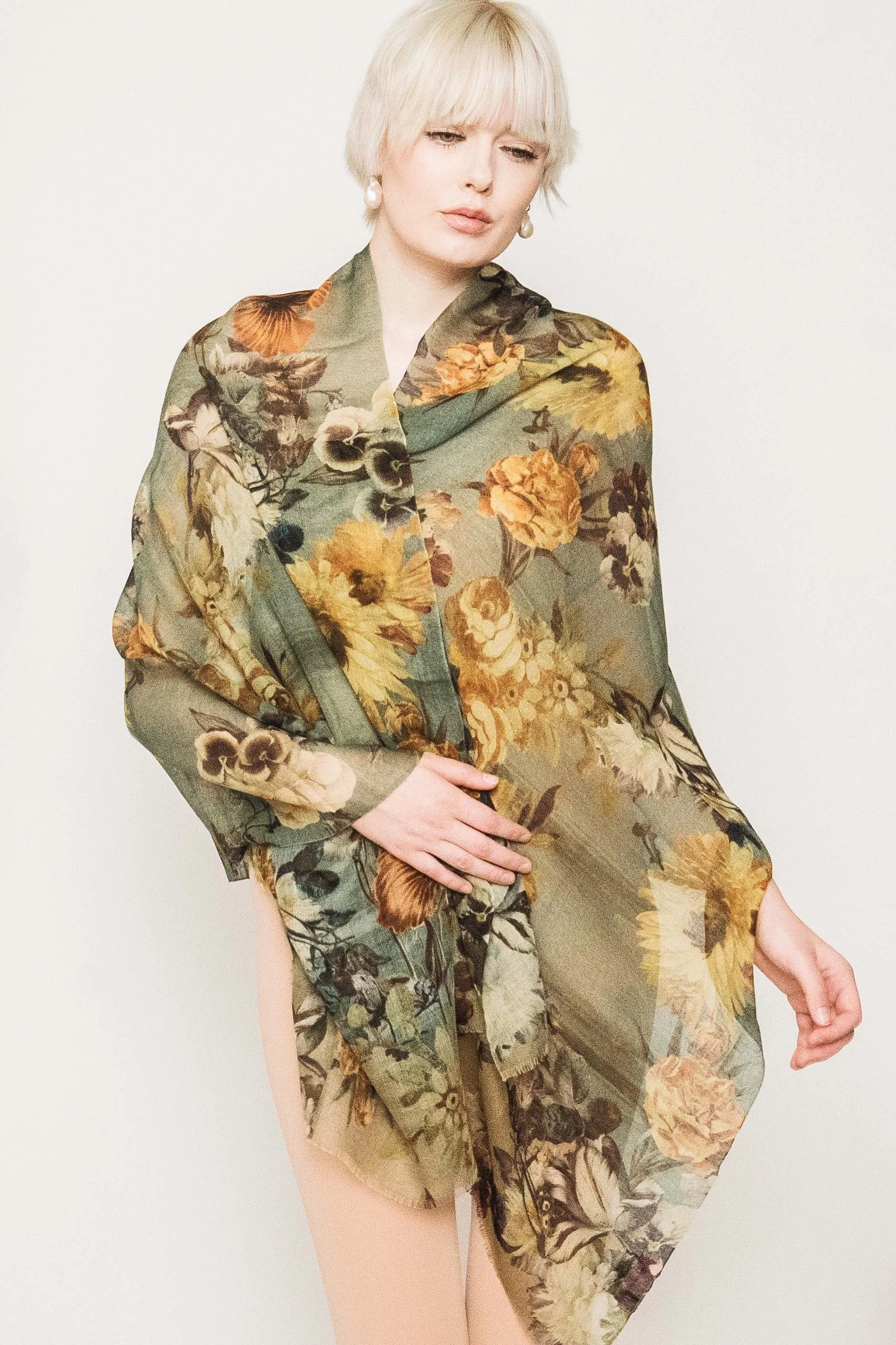 Floral Silk Wool Scarf - Winter Sale 50% Off - At checkout use code Winter50%