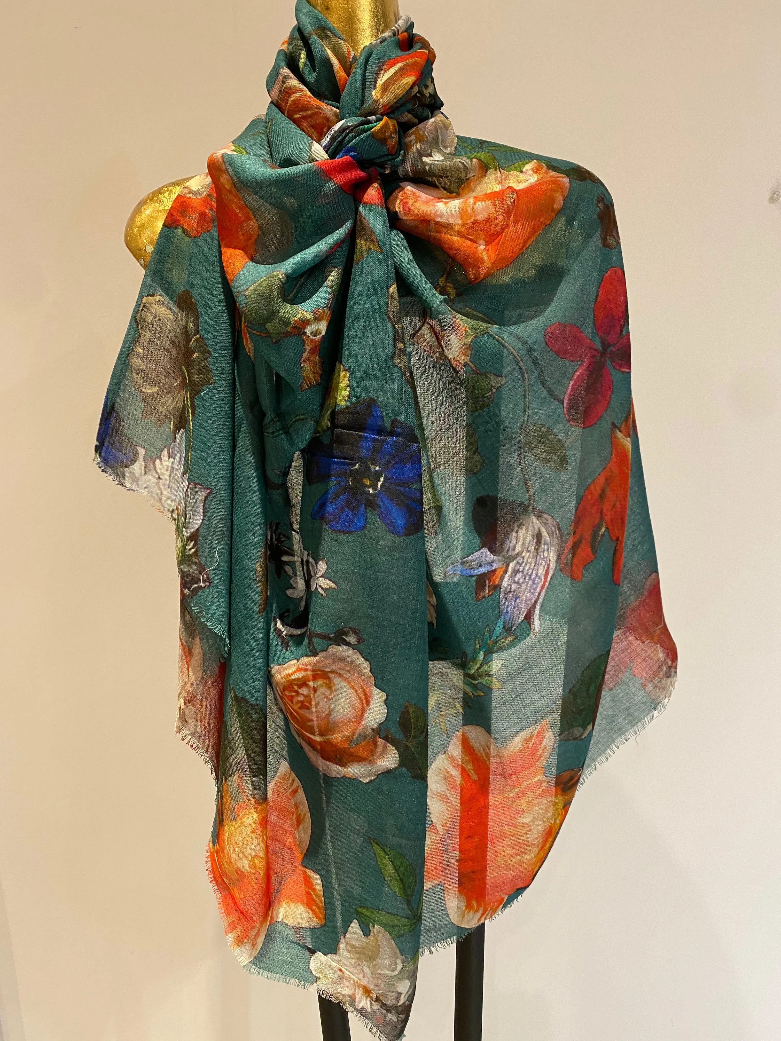 Floral Silk Wool Scarf - Winter Sale 50% Off - At checkout use code Winter50%