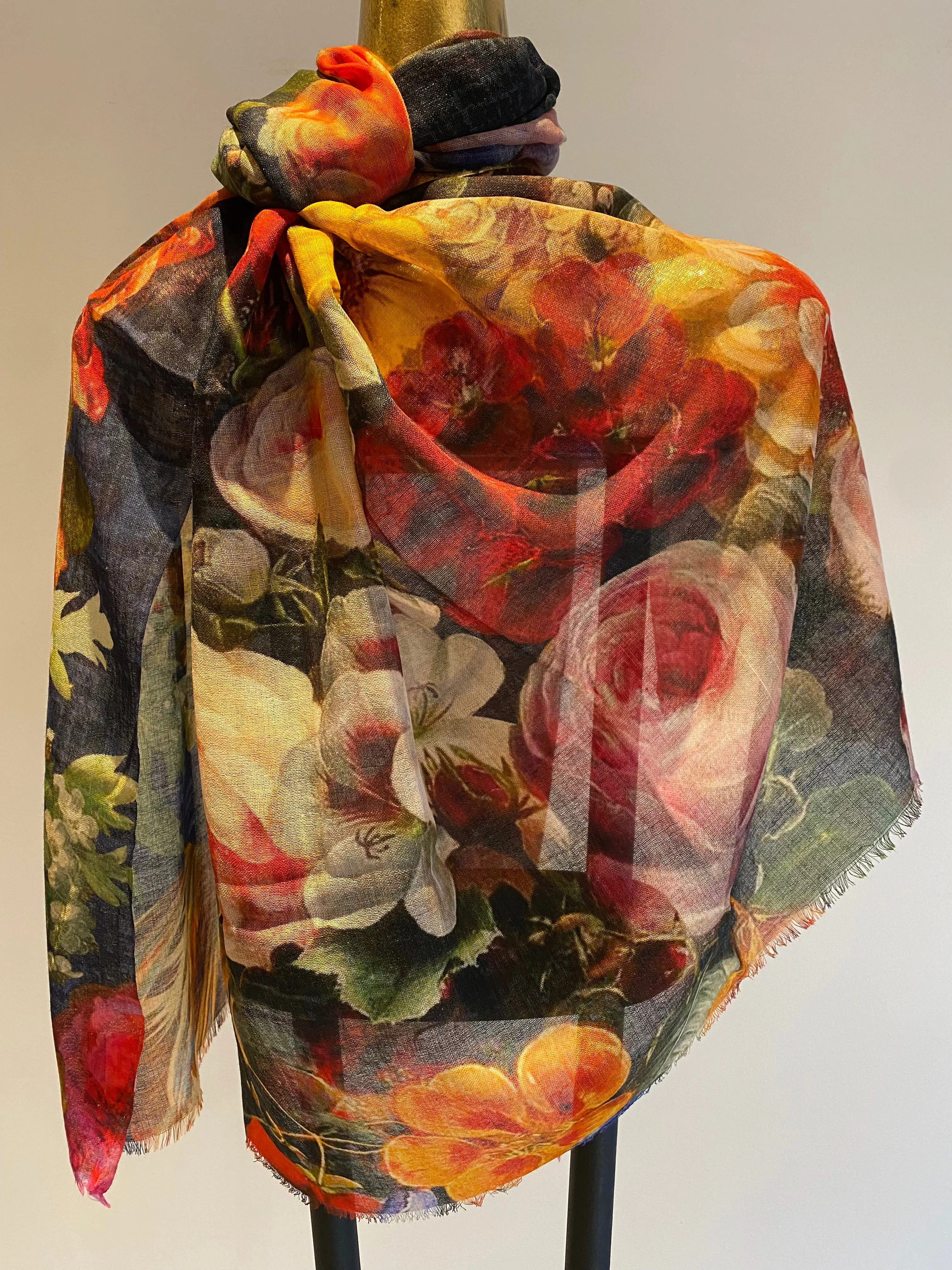 Floral Silk Wool Scarf - Winter Sale 50% Off - At checkout use code Winter50%