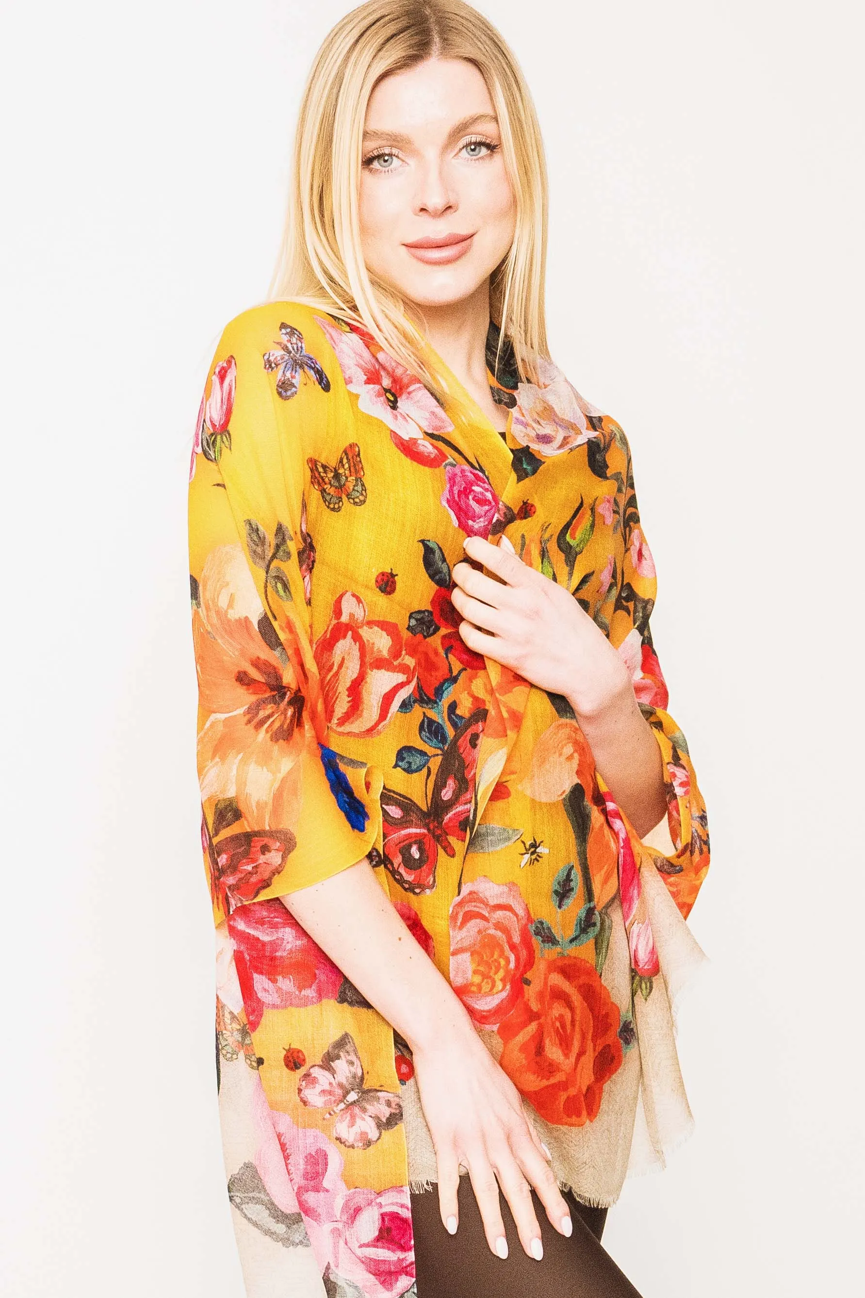 Floral Silk Wool Scarf - Winter Sale 50% Off - At checkout use code Winter50%