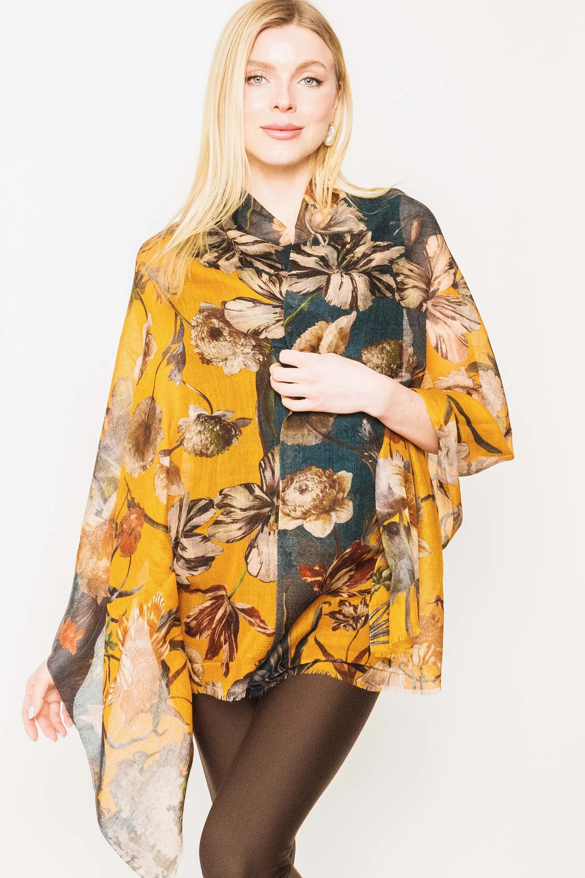 Floral Silk Wool Scarf - Winter Sale 50% Off - At checkout use code Winter50%