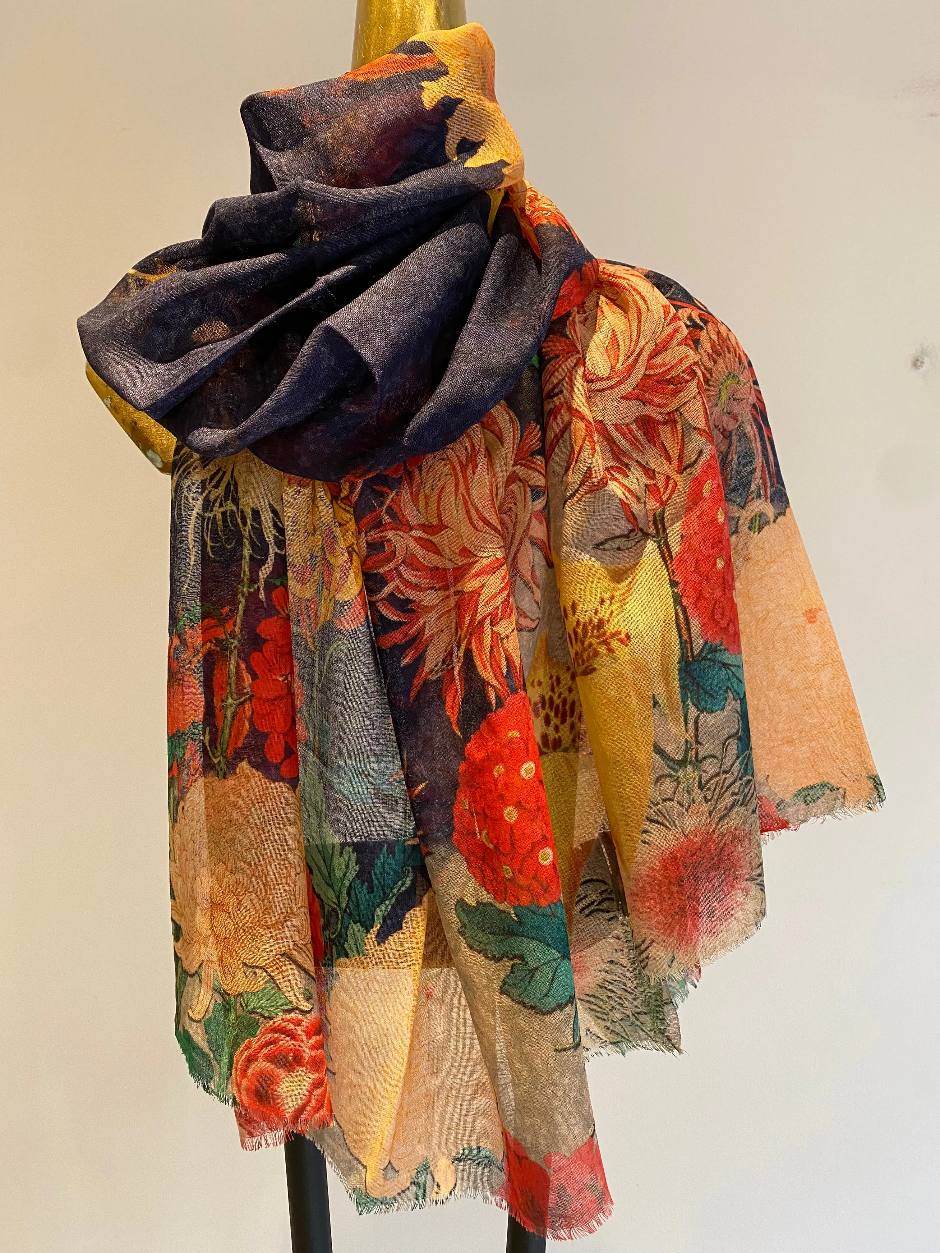 Floral Silk Wool Scarf - Winter Sale 50% Off - At checkout use code Winter50%