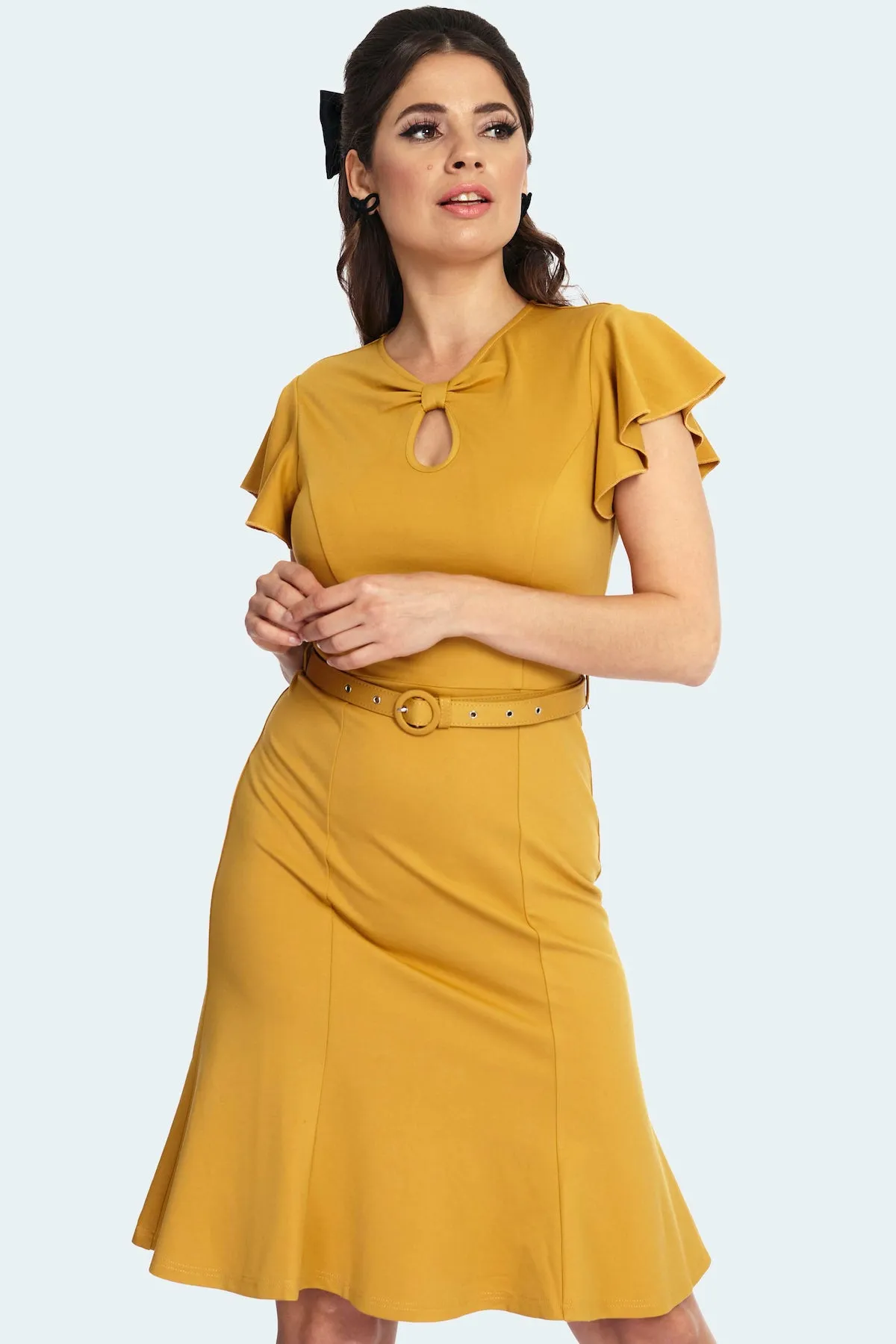 Flutter Sleeve Dress in Mustard by Voodoo Vixen