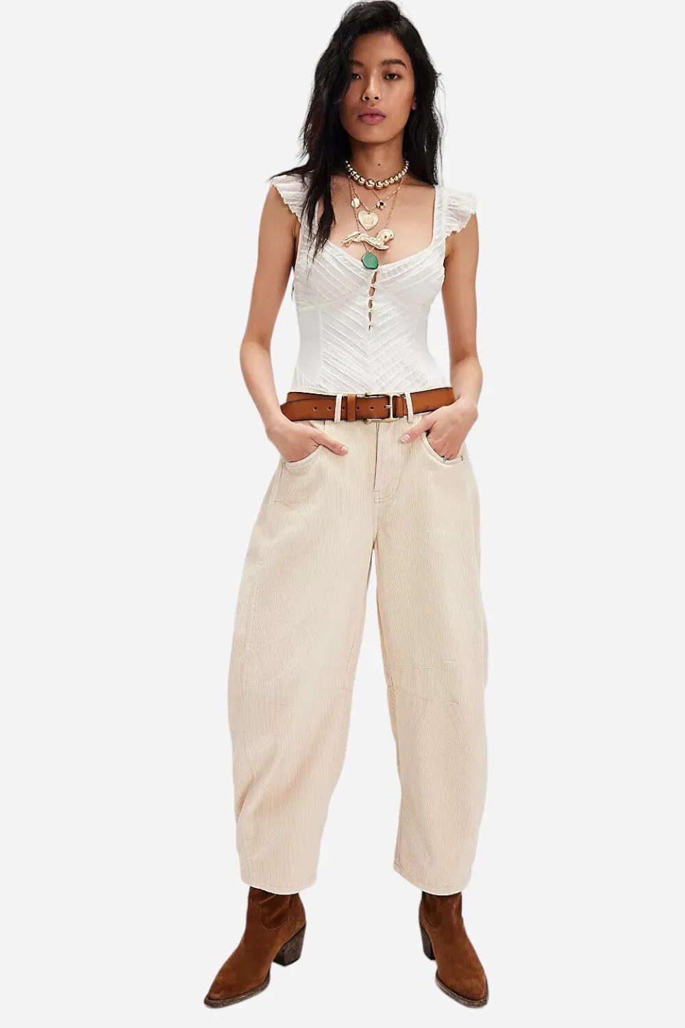 Free People Good Luck Mid-Rise Cord Barrel Jeans in Crystal Grey