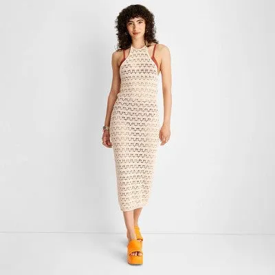 Future Collective with Alani Noelle Women's Halter Crochet Midi Sweater Dress