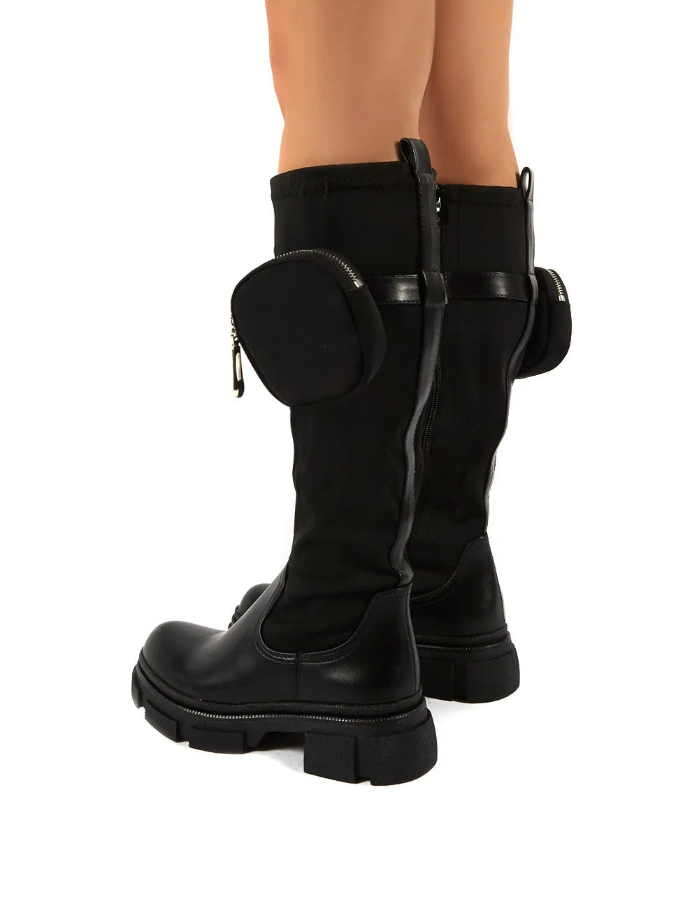 Generate Black Chunky Sole Knee High Pouch Boots