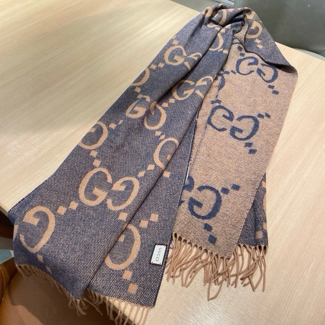 GG JACQUARD PATTERN KNIT SCARF 195 CM WITH TASSELS PIGEON BLUE 403745