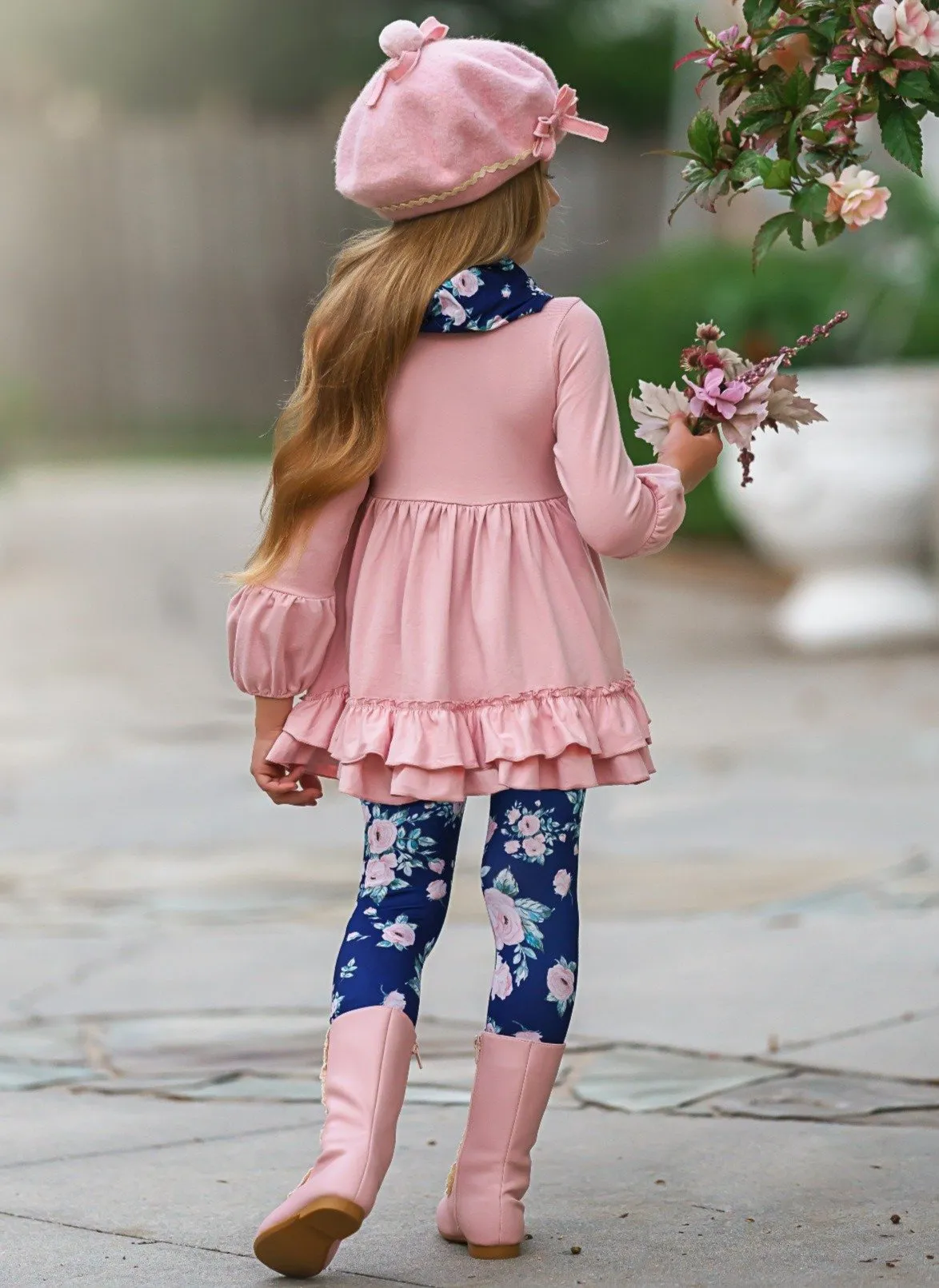 Girls 3/4 Sleeve Double Ruffle Pink Tunic, Floral Leggings and Scarf Set