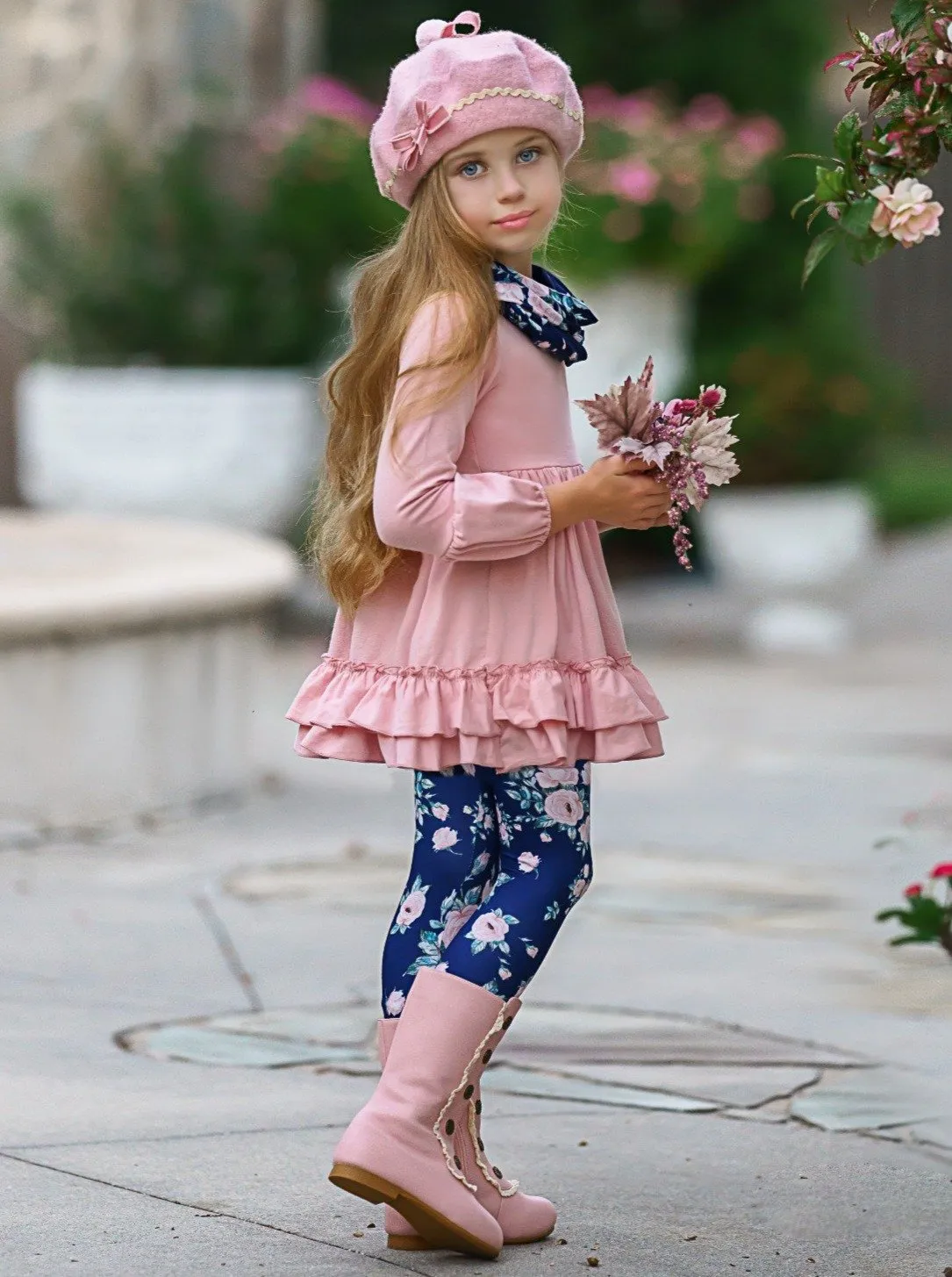 Girls 3/4 Sleeve Double Ruffle Pink Tunic, Floral Leggings and Scarf Set