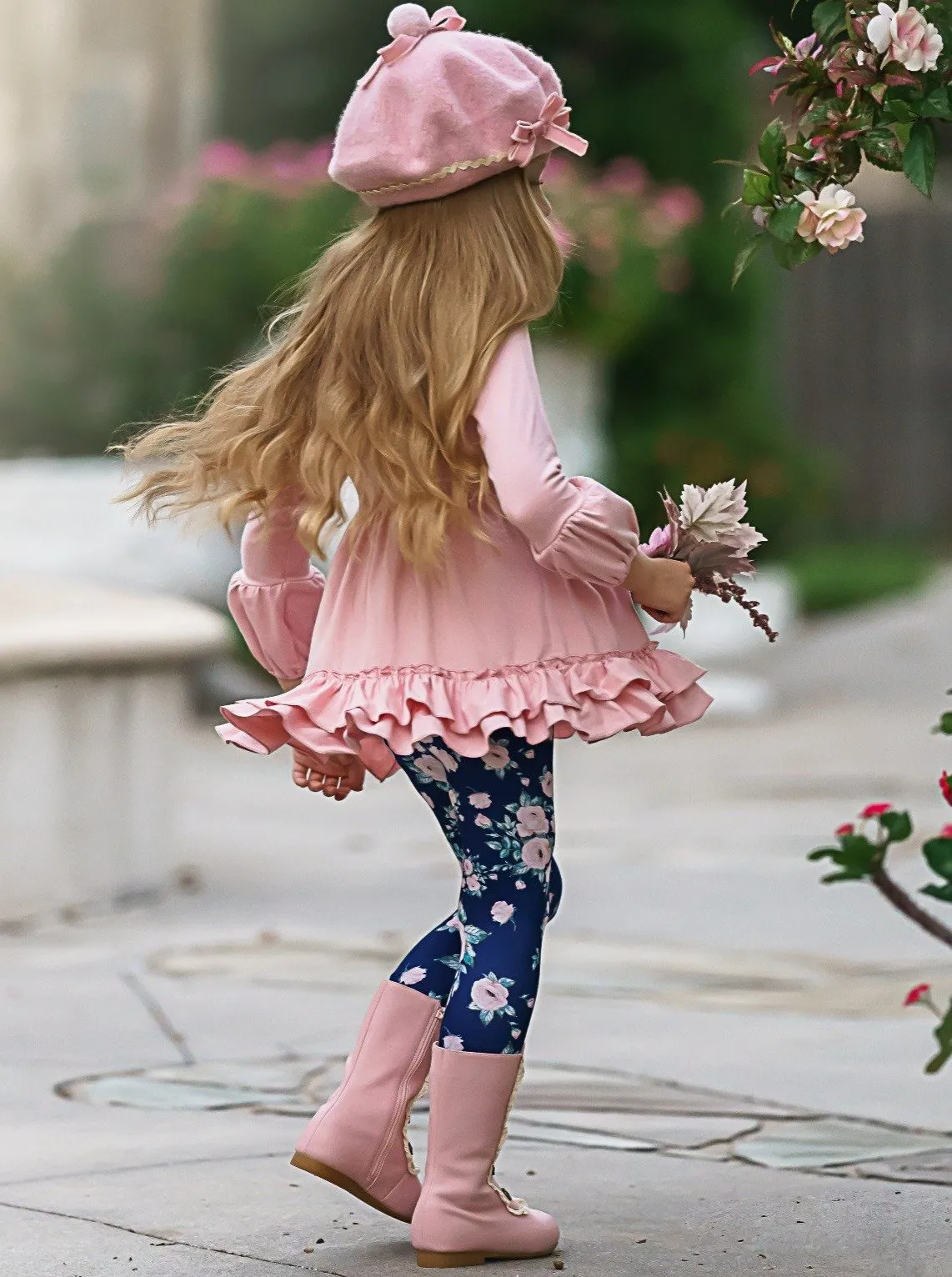 Girls 3/4 Sleeve Double Ruffle Pink Tunic, Floral Leggings and Scarf Set