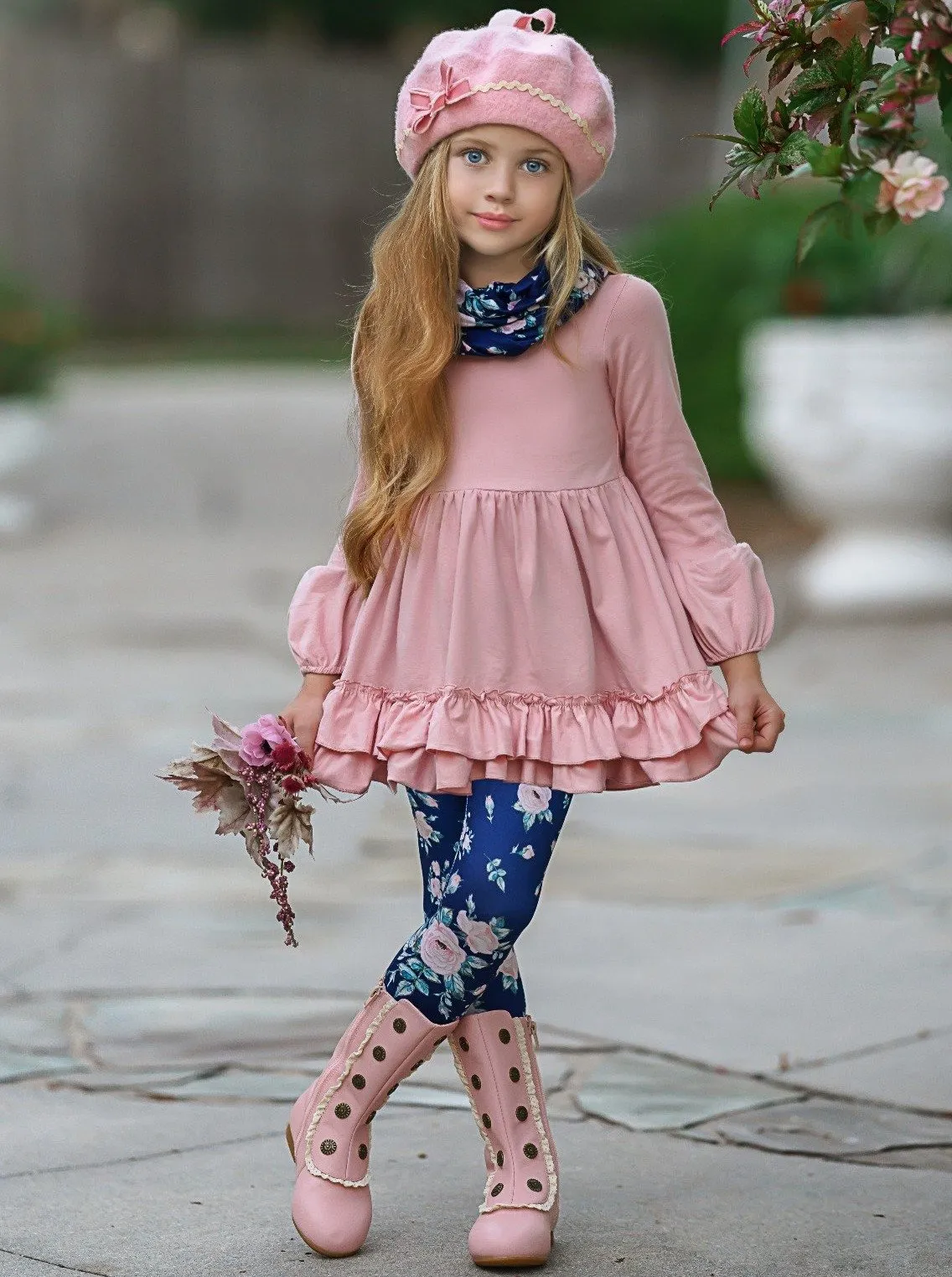 Girls 3/4 Sleeve Double Ruffle Pink Tunic, Floral Leggings and Scarf Set