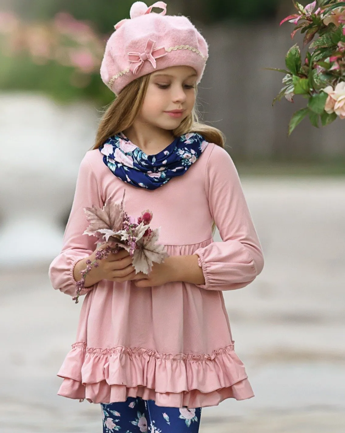 Girls 3/4 Sleeve Double Ruffle Pink Tunic, Floral Leggings and Scarf Set