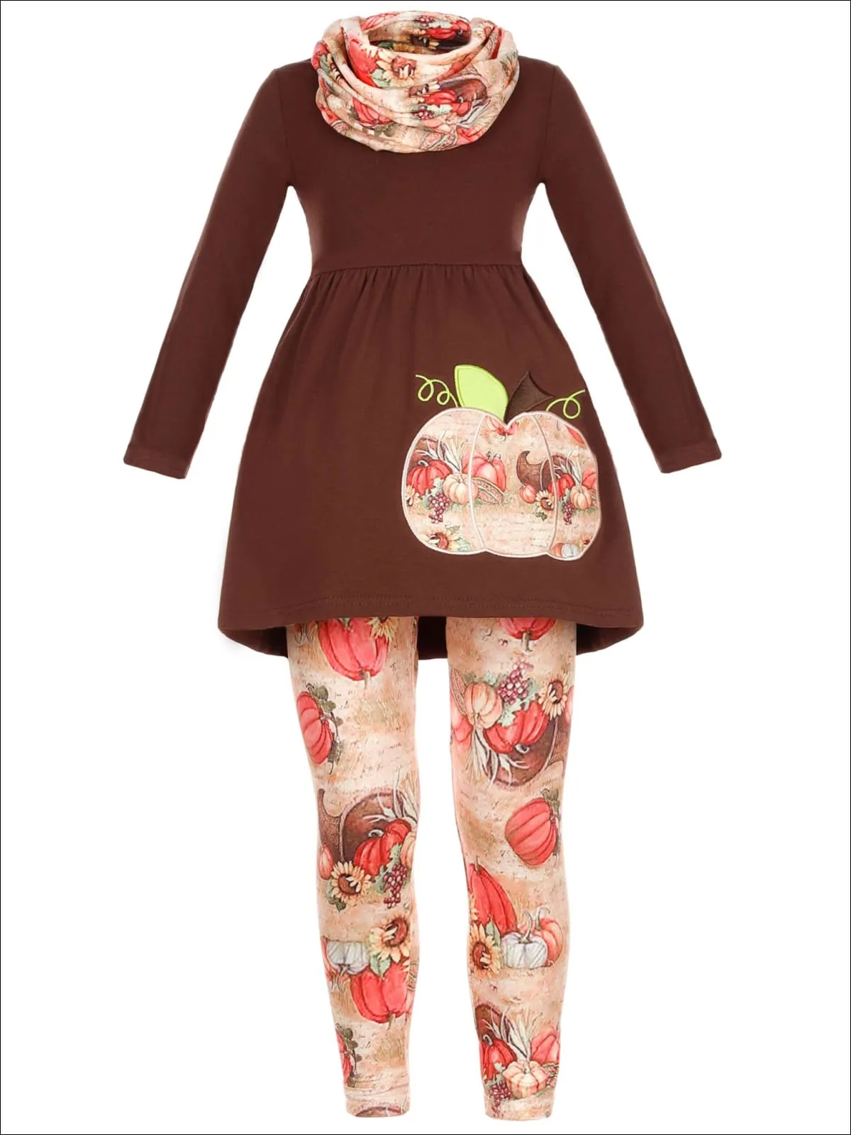 Girls Pumpkin Print Long Sleeve Tunic, Leggings And Scarf Set