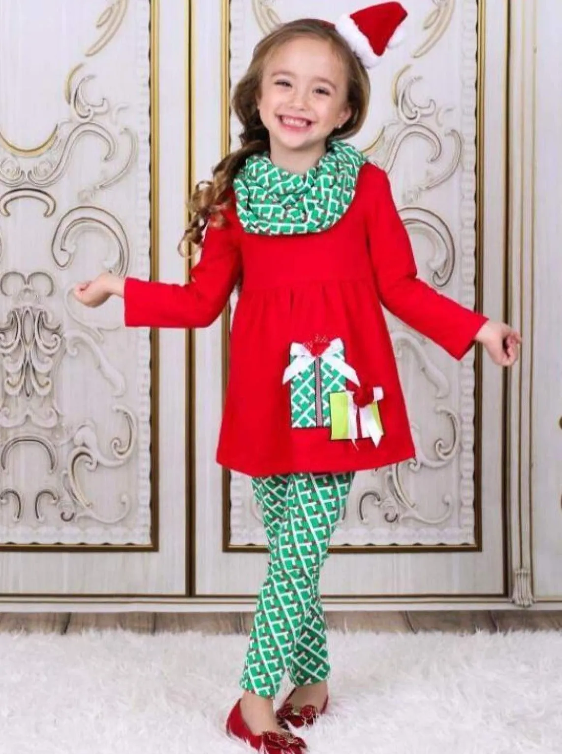 Girls Red And Green Christmas Present Tunic, Leggings And Scarf Set