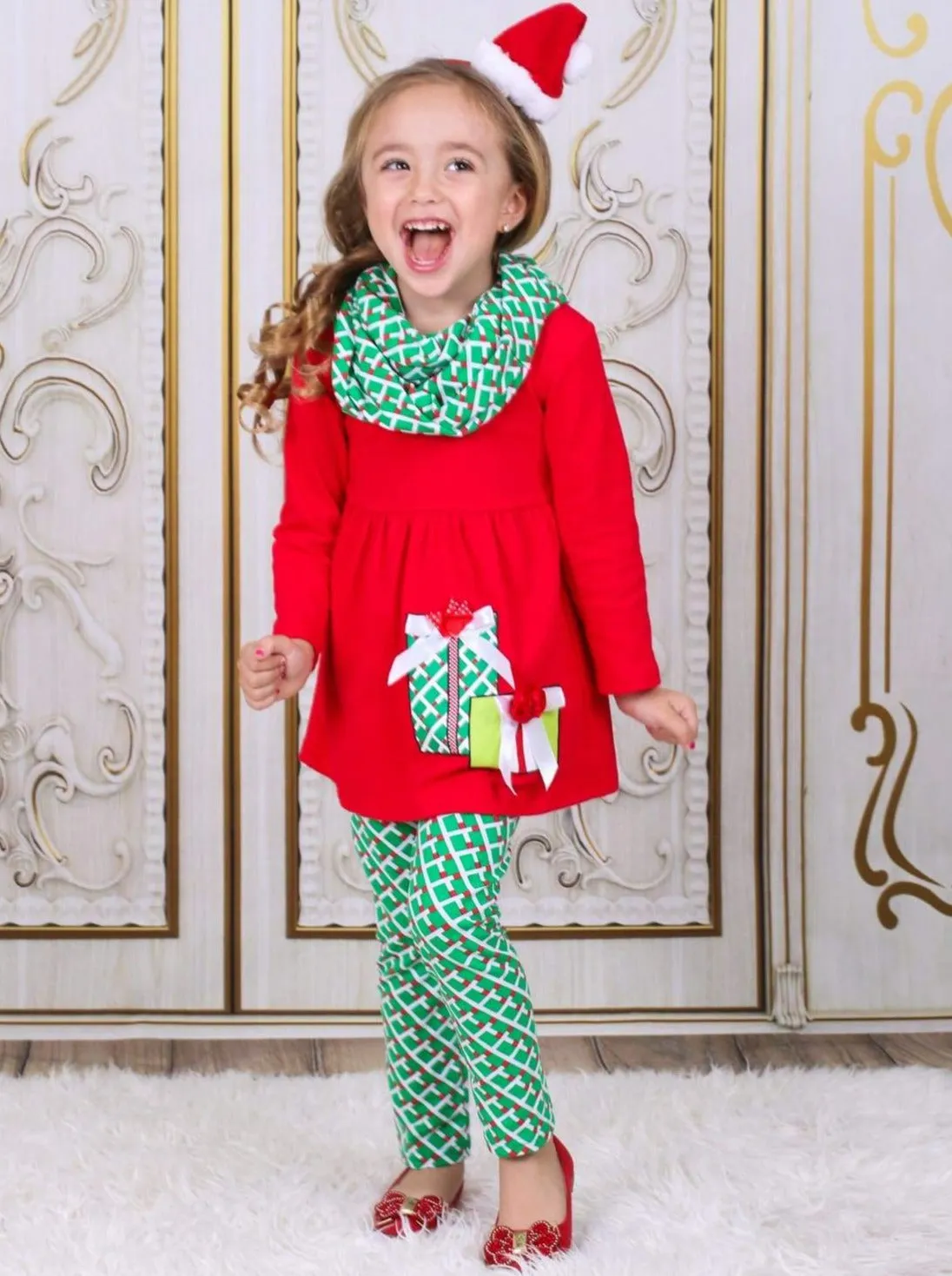 Girls Red And Green Christmas Present Tunic, Leggings And Scarf Set