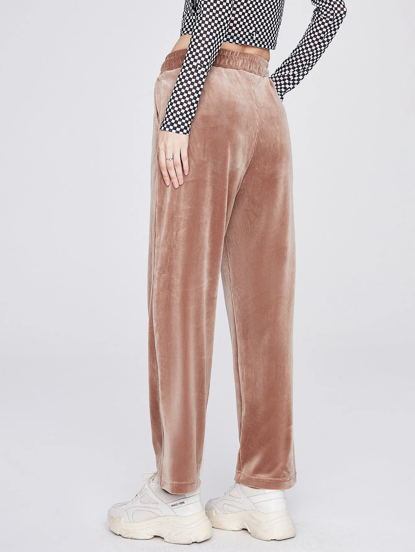 Glamorous Plain Drawstring Natural Long Women Pants