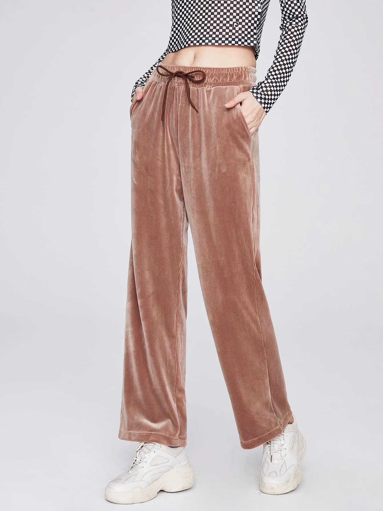 Glamorous Plain Drawstring Natural Long Women Pants