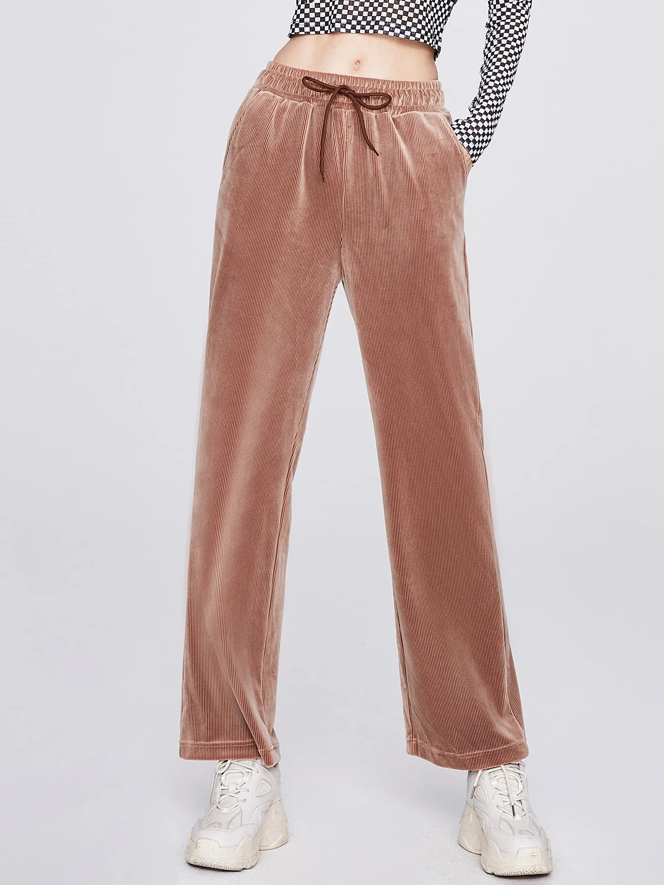 Glamorous Plain Drawstring Natural Long Women Pants