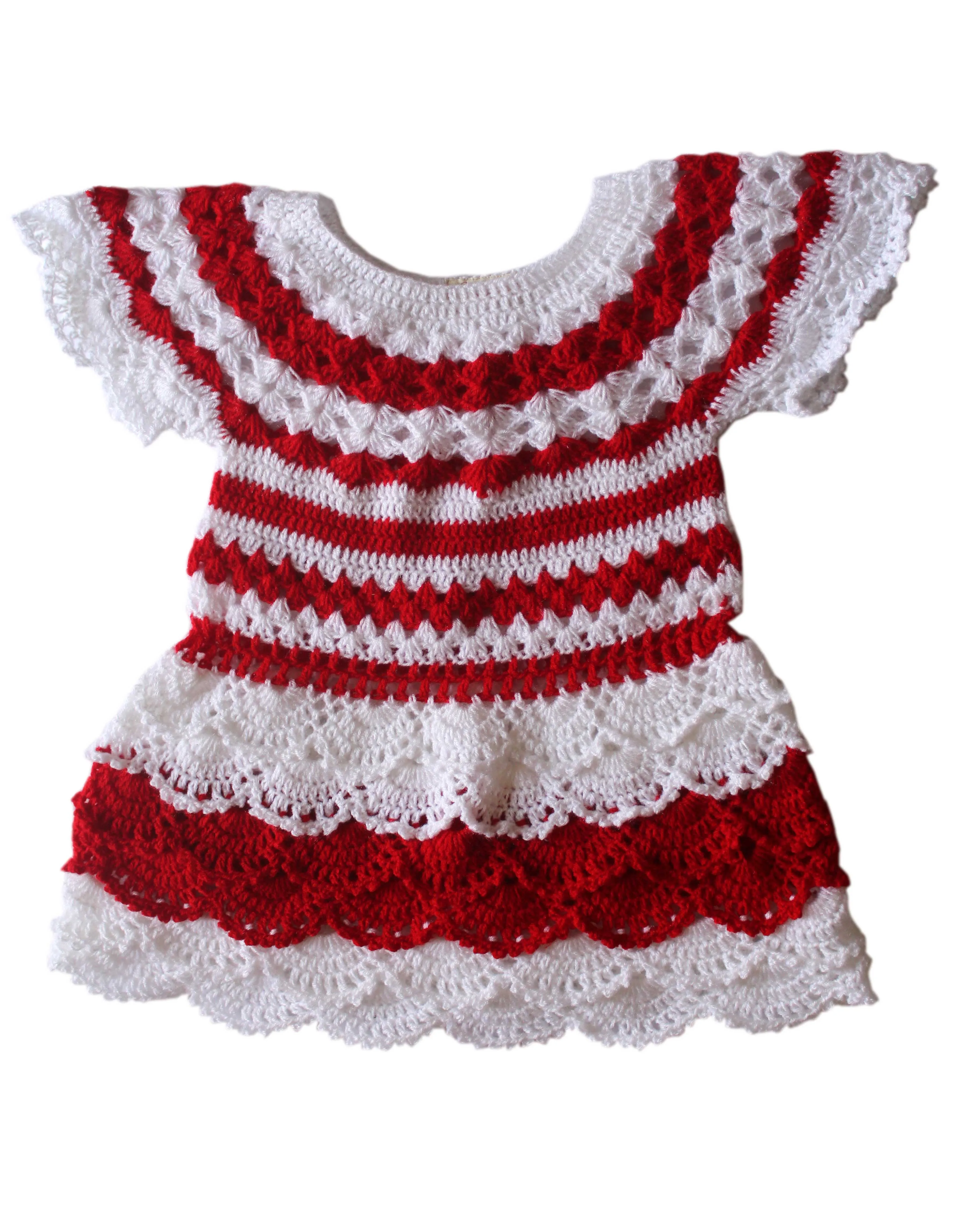 Graminarts Handmade Crochet Woonie Short Sleeve Beautiful Dress For Baby Girl  White & Red