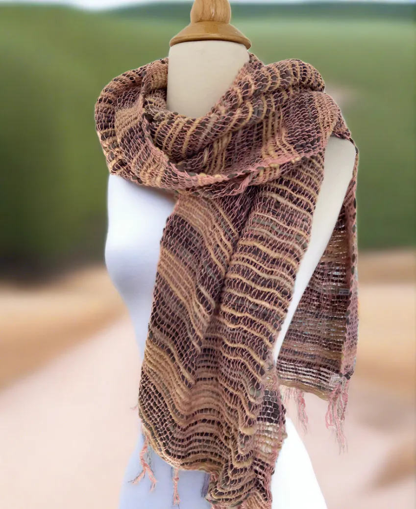 Handwoven Open Weave Cotton Scarf - Brown-Wheat Pink