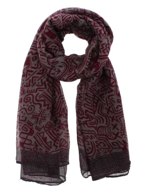 Hieroglyphic Print Scarf with Polka Dot Border