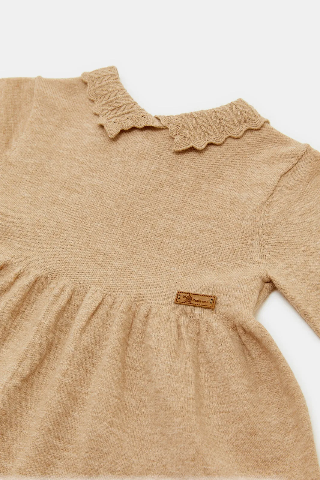 Infant Girls Beige Applique Collared Knit Dress