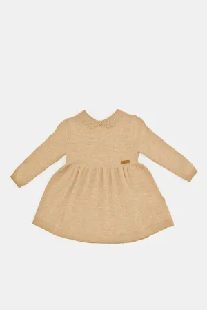 Infant Girls Beige Applique Collared Knit Dress