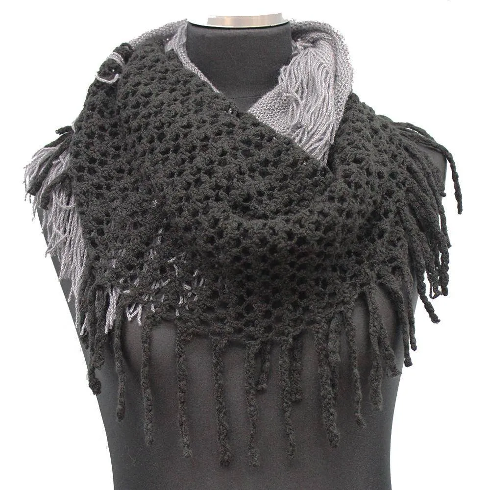 Infinity Scarf w/ Open Knit & Fringe-Black/Grey