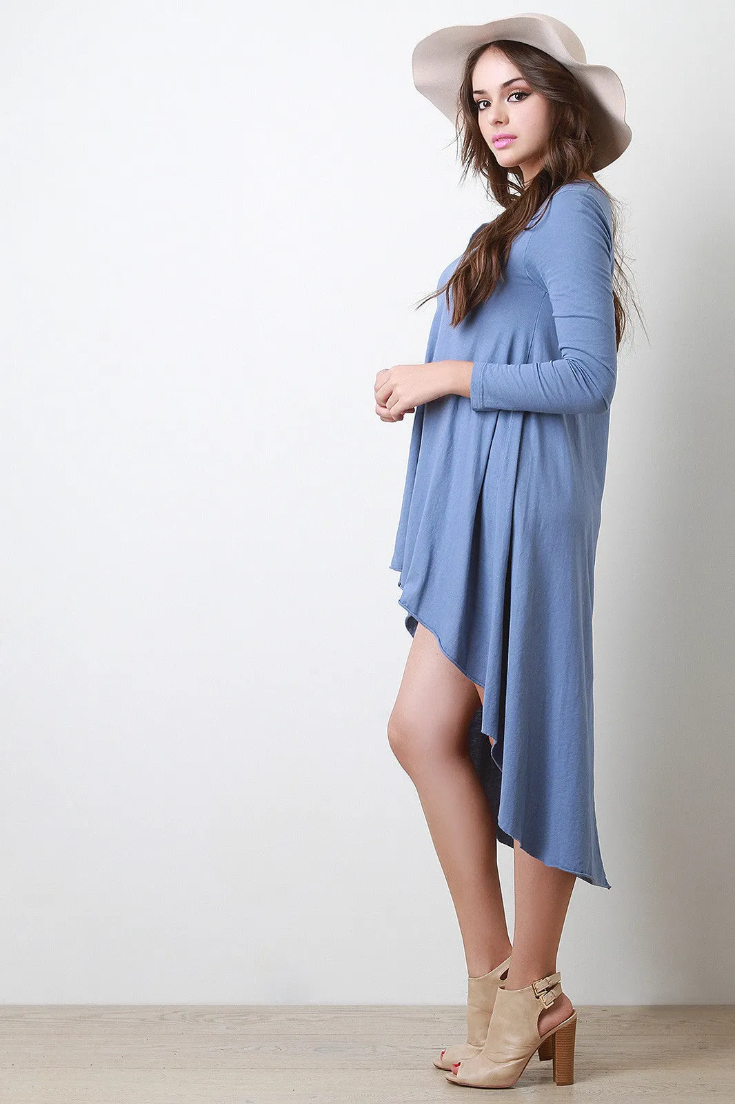 Jersey Knit Long Sleeves Raw High Low Dress