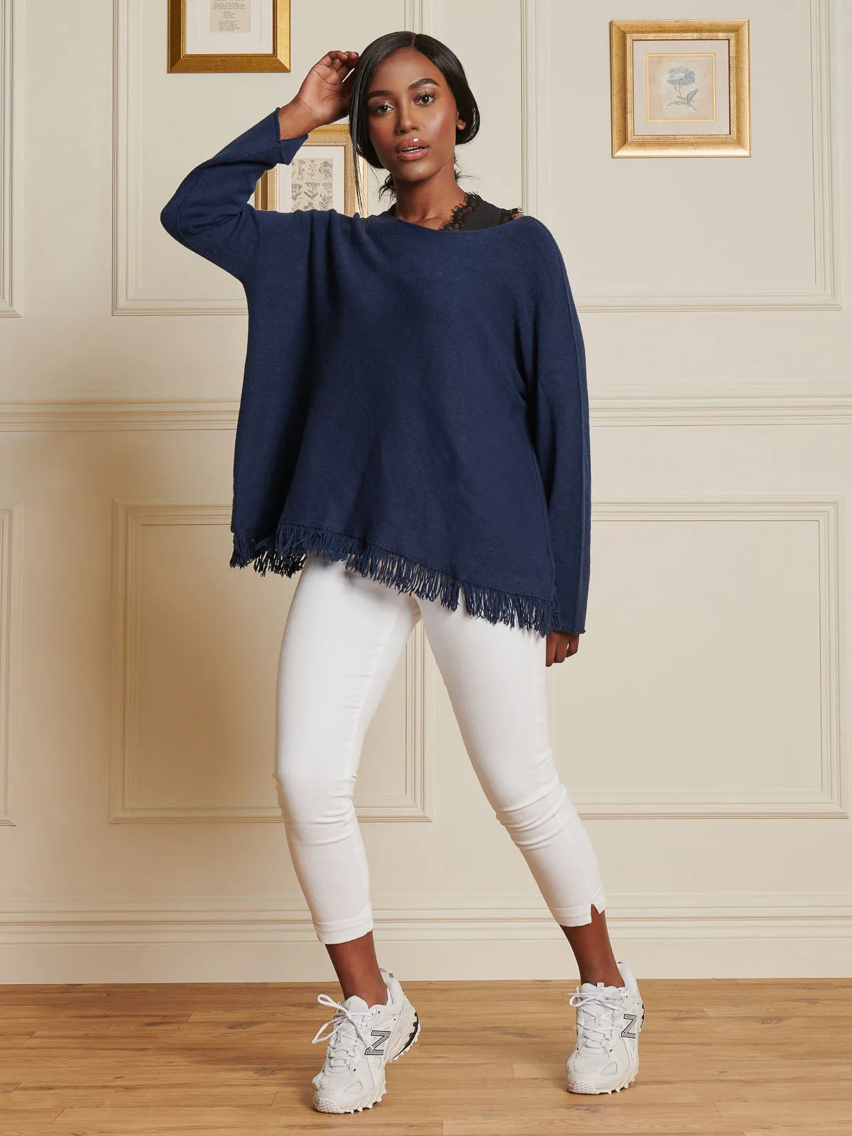 Knitted Fringe Detail Jumper, Navy