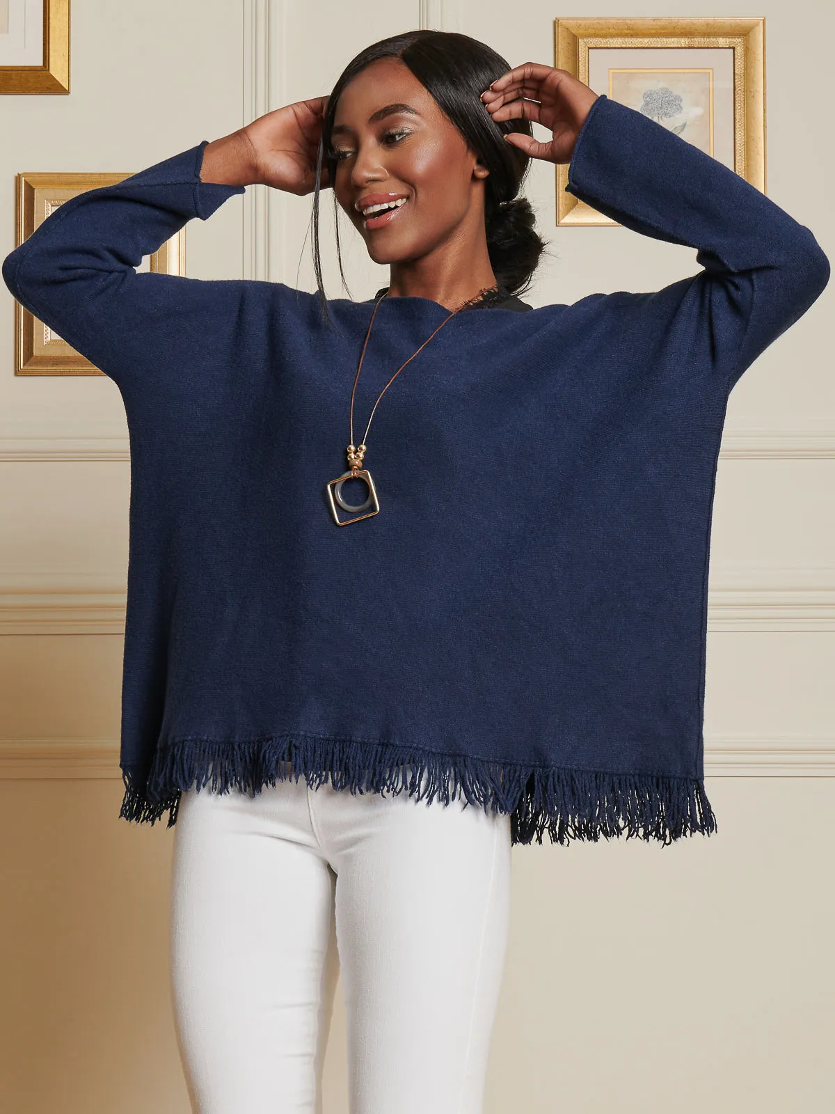 Knitted Fringe Detail Jumper, Navy