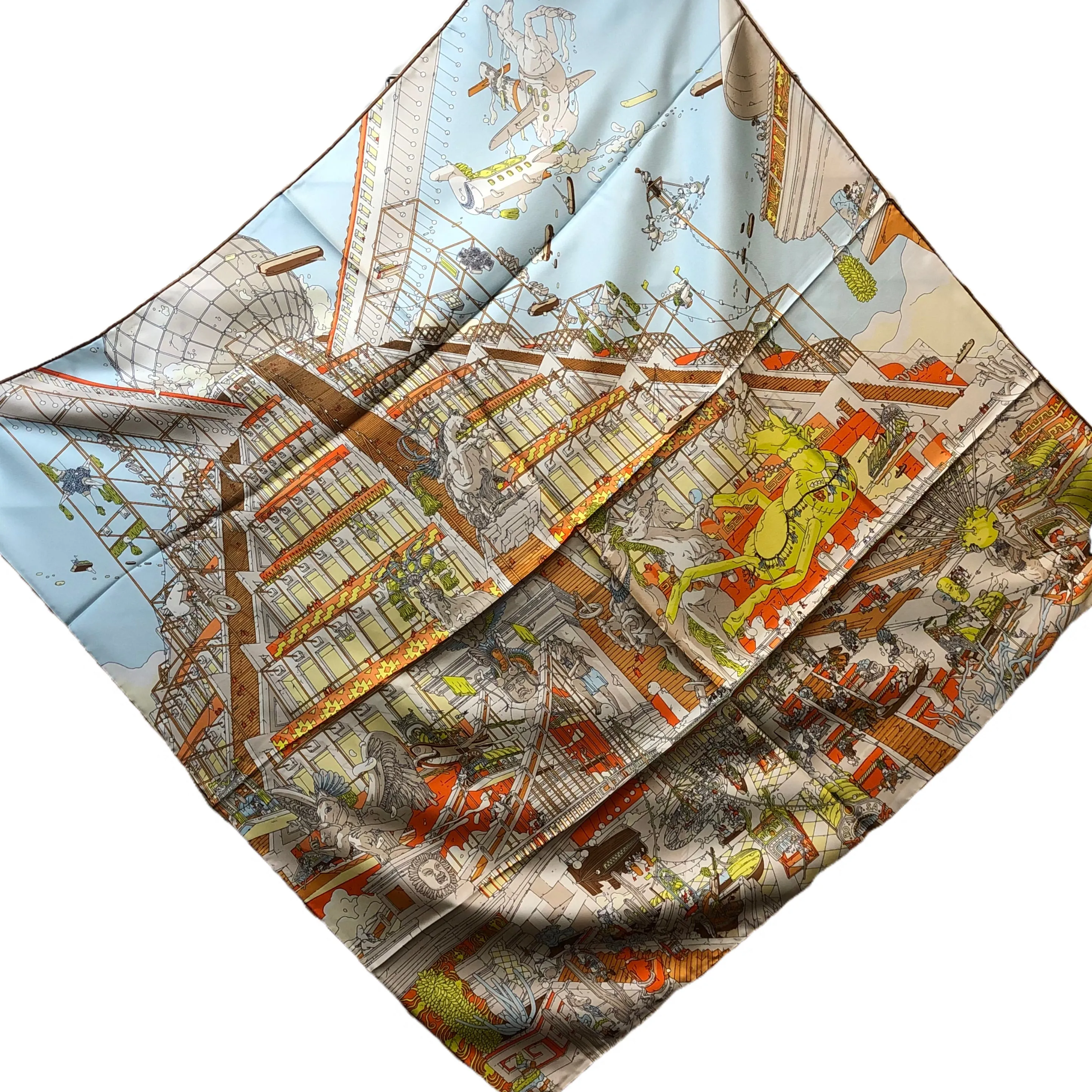 Lady's Square Mulberry Twill Silk Scarf, Square 88cm*88cm, Golden Printed Blue Creek