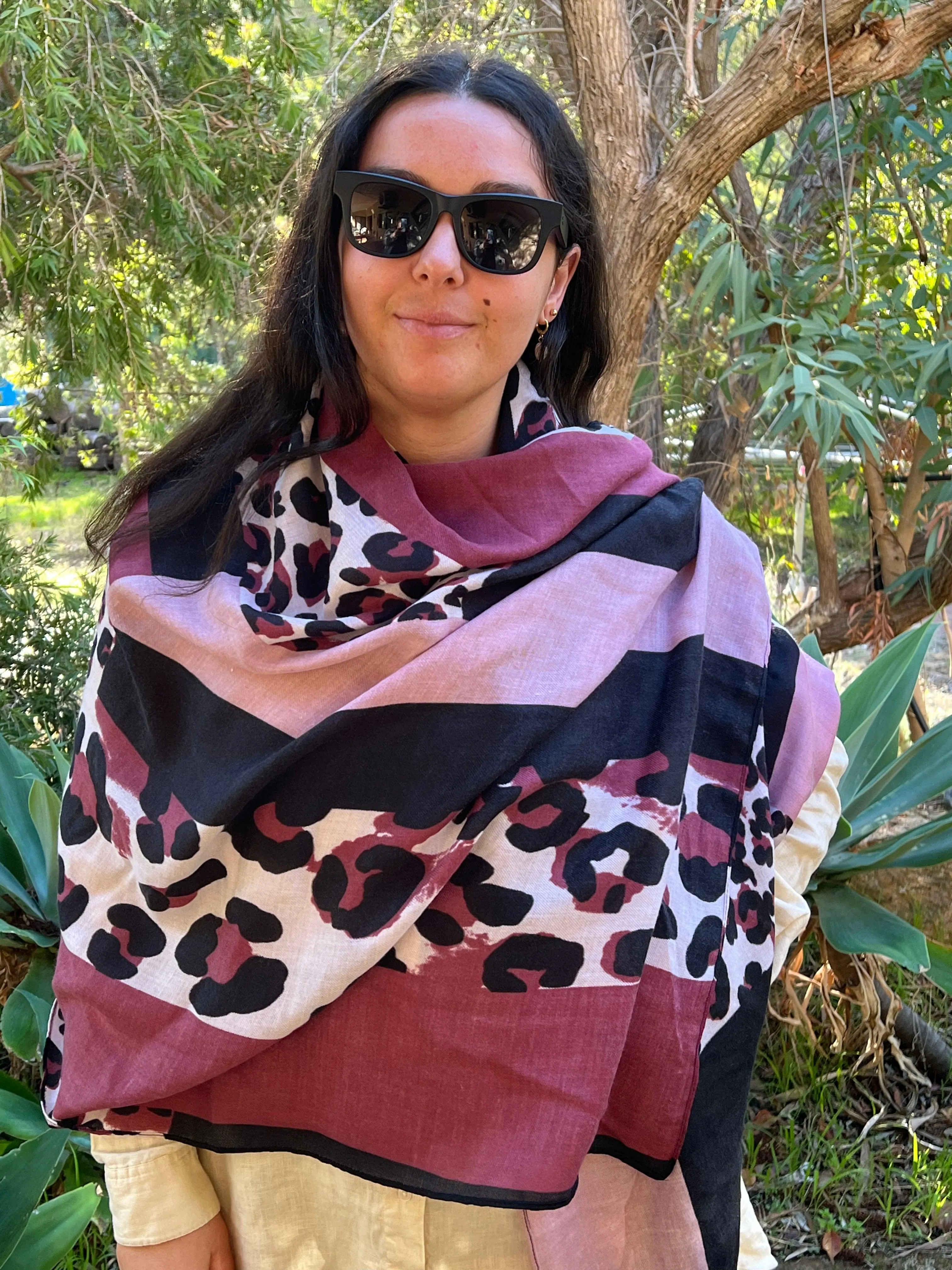 Leopard Print Scarf - Berry Pink Black