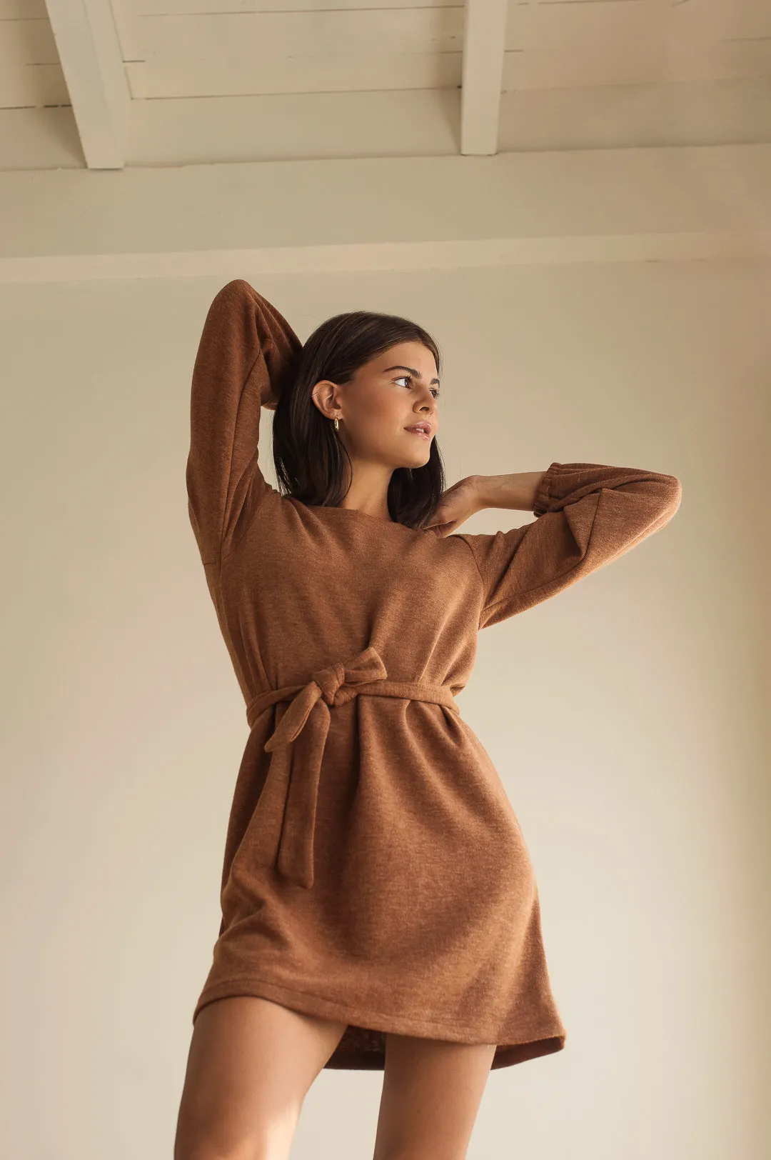 Macie Rust | Long Sleeve Soft Knit Dress w/ Fabric Belt