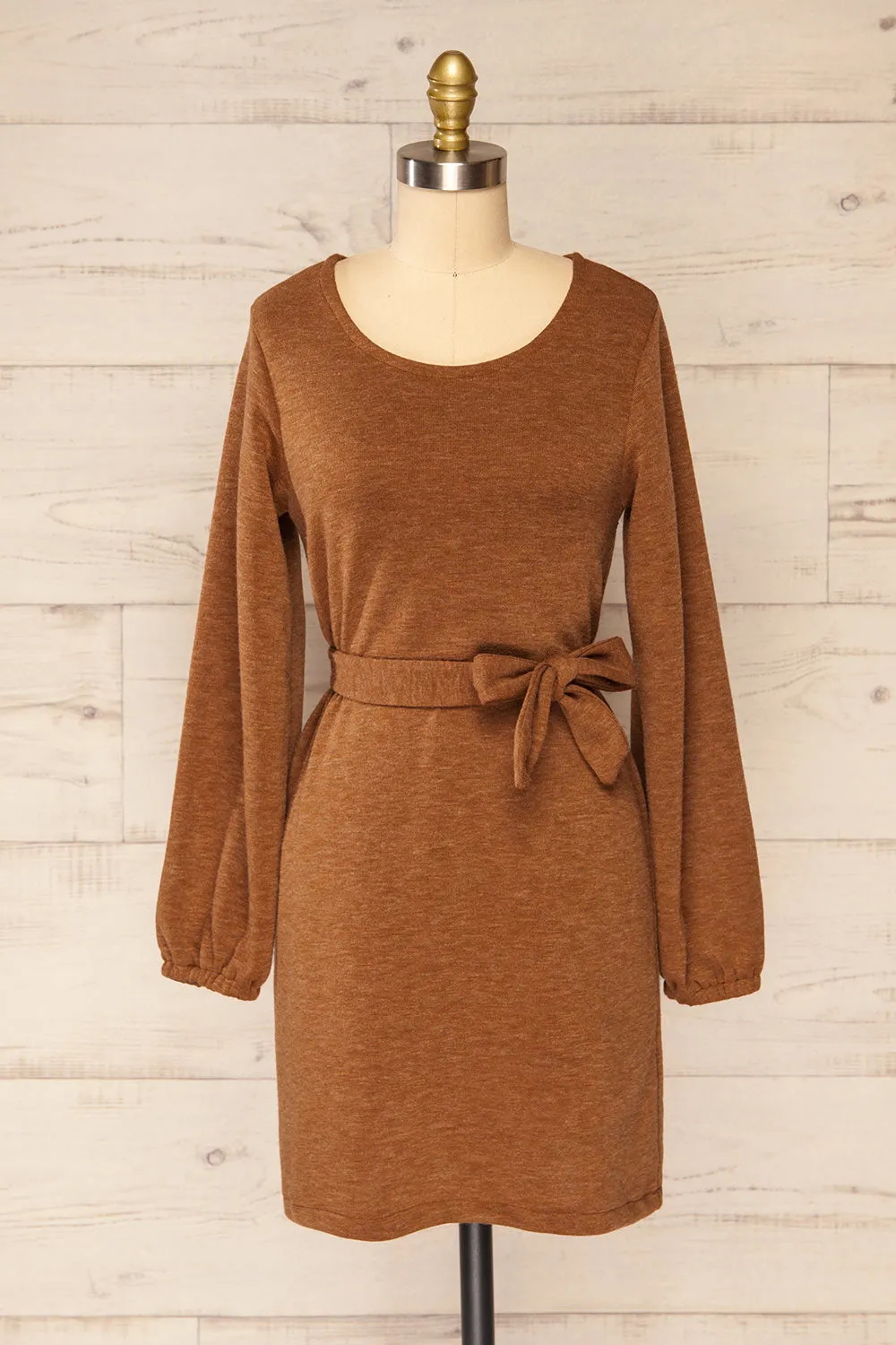 Macie Rust | Long Sleeve Soft Knit Dress w/ Fabric Belt