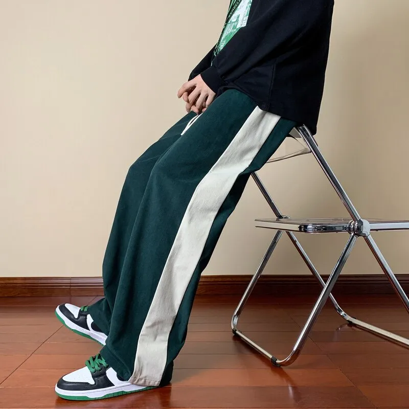 Men's Corduroy Pants Black Drawstring Striped Mopping Wide Leg Straight Baggy Sweatpants Track Casual Trousers Korean Style