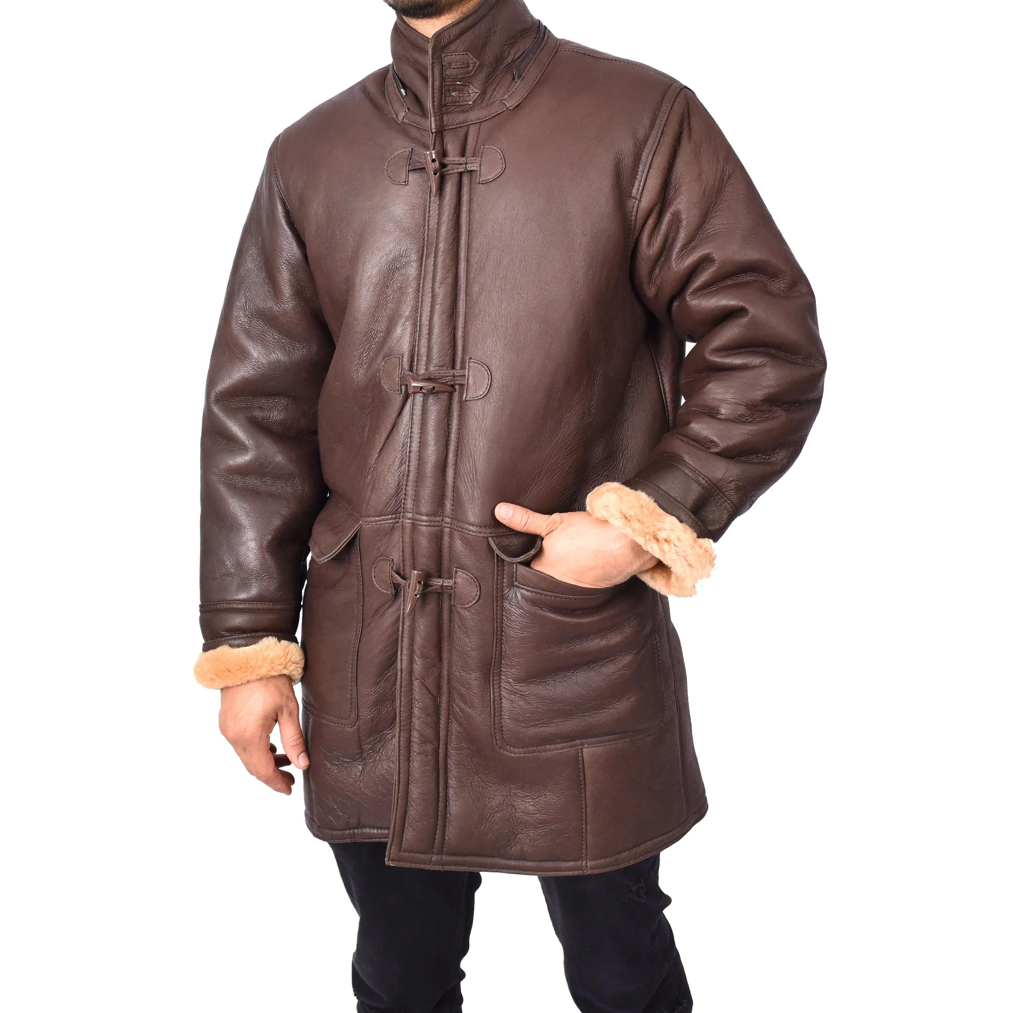 Men's Real Shearling Sheepskin Detachable Hoodie Duffle Coat Anderson Brown