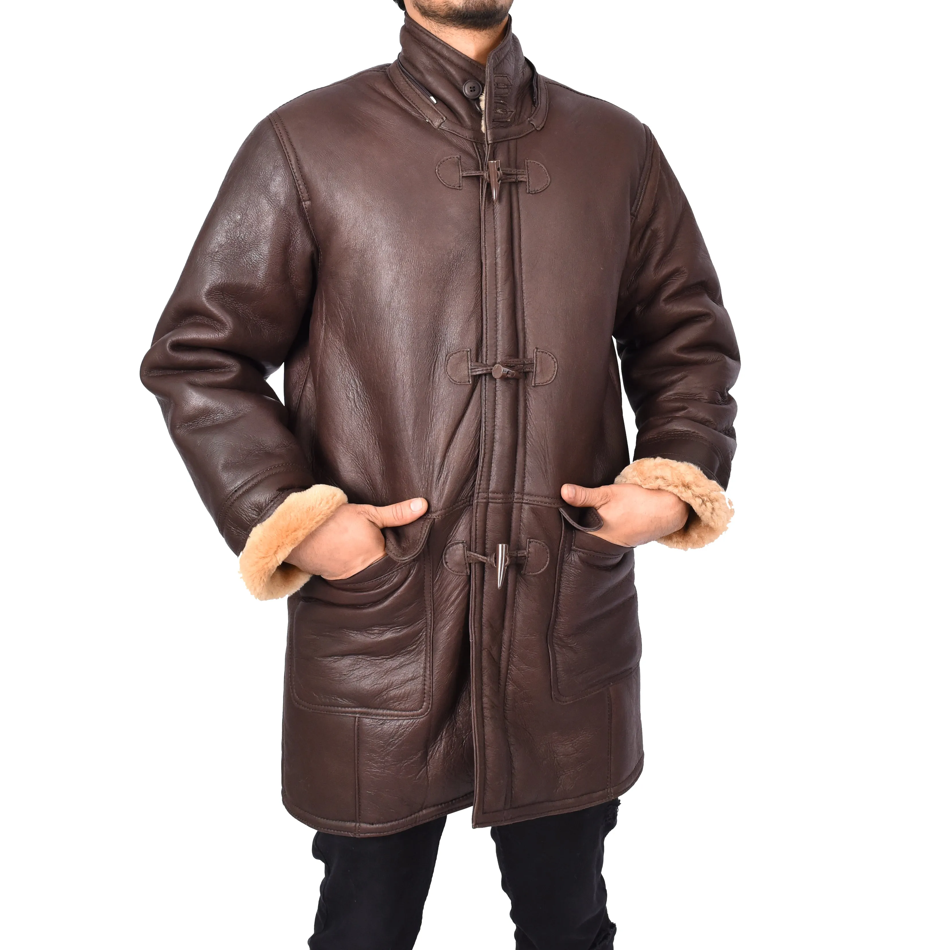 Men's Real Shearling Sheepskin Detachable Hoodie Duffle Coat Anderson Brown