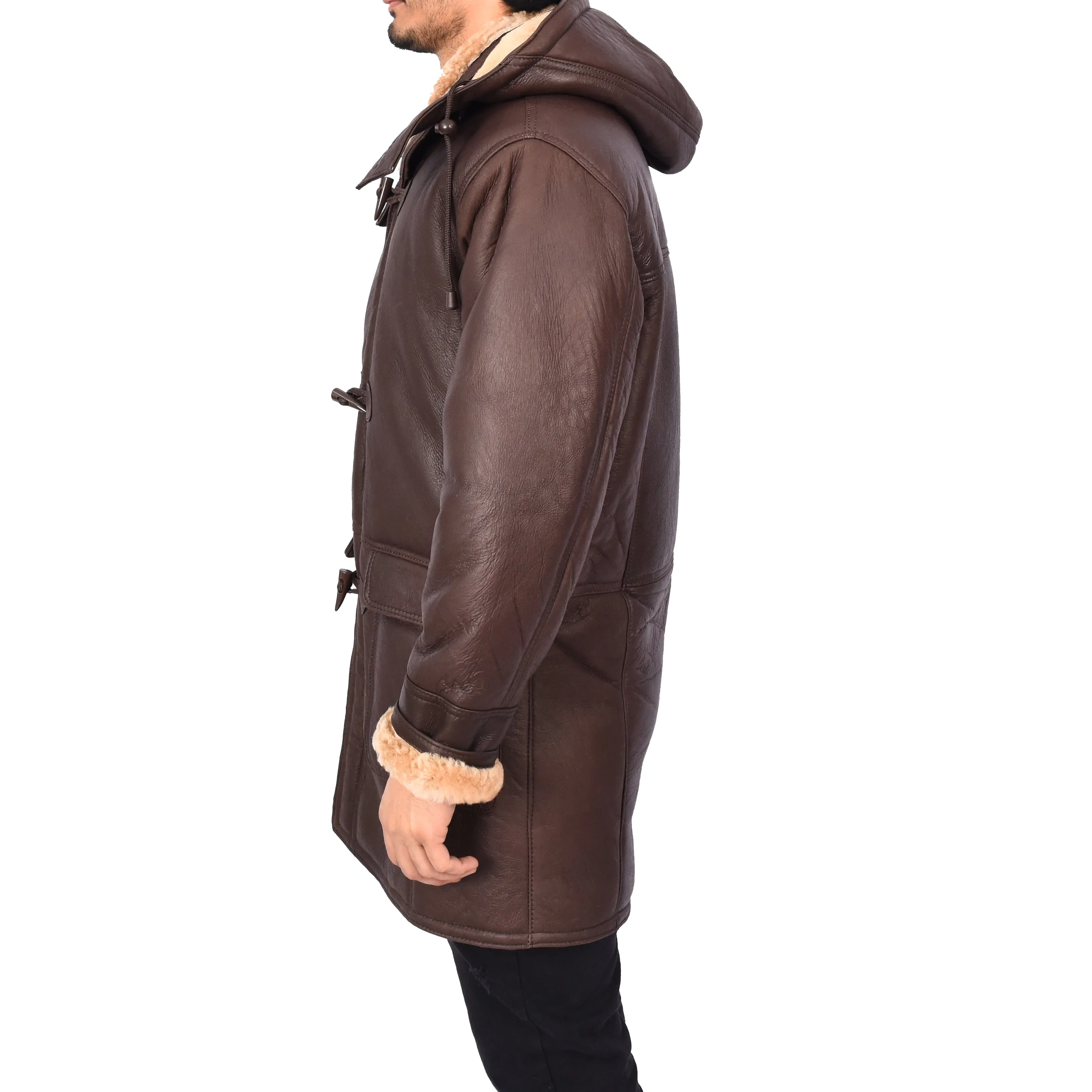 Men's Real Shearling Sheepskin Detachable Hoodie Duffle Coat Anderson Brown