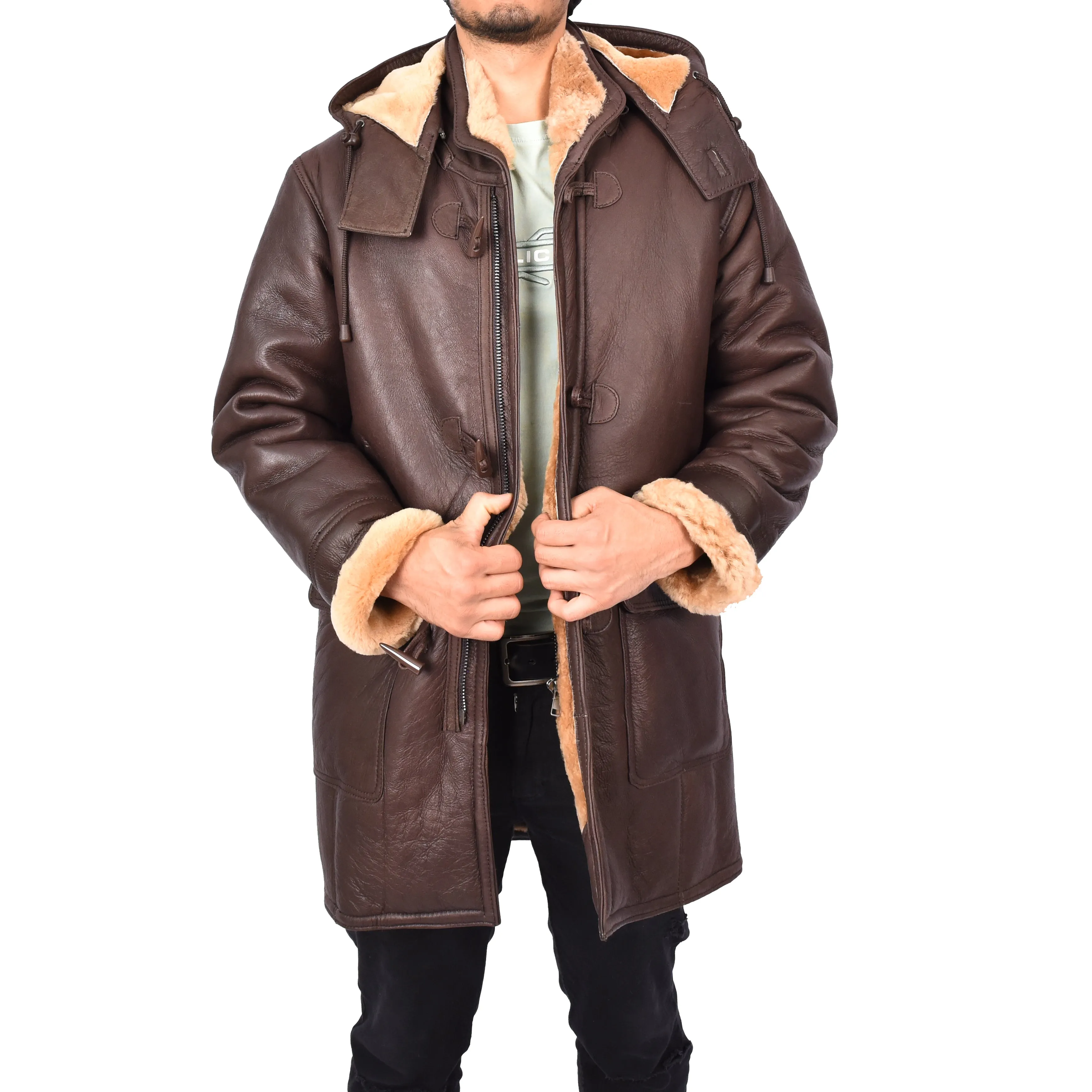 Men's Real Shearling Sheepskin Detachable Hoodie Duffle Coat Anderson Brown