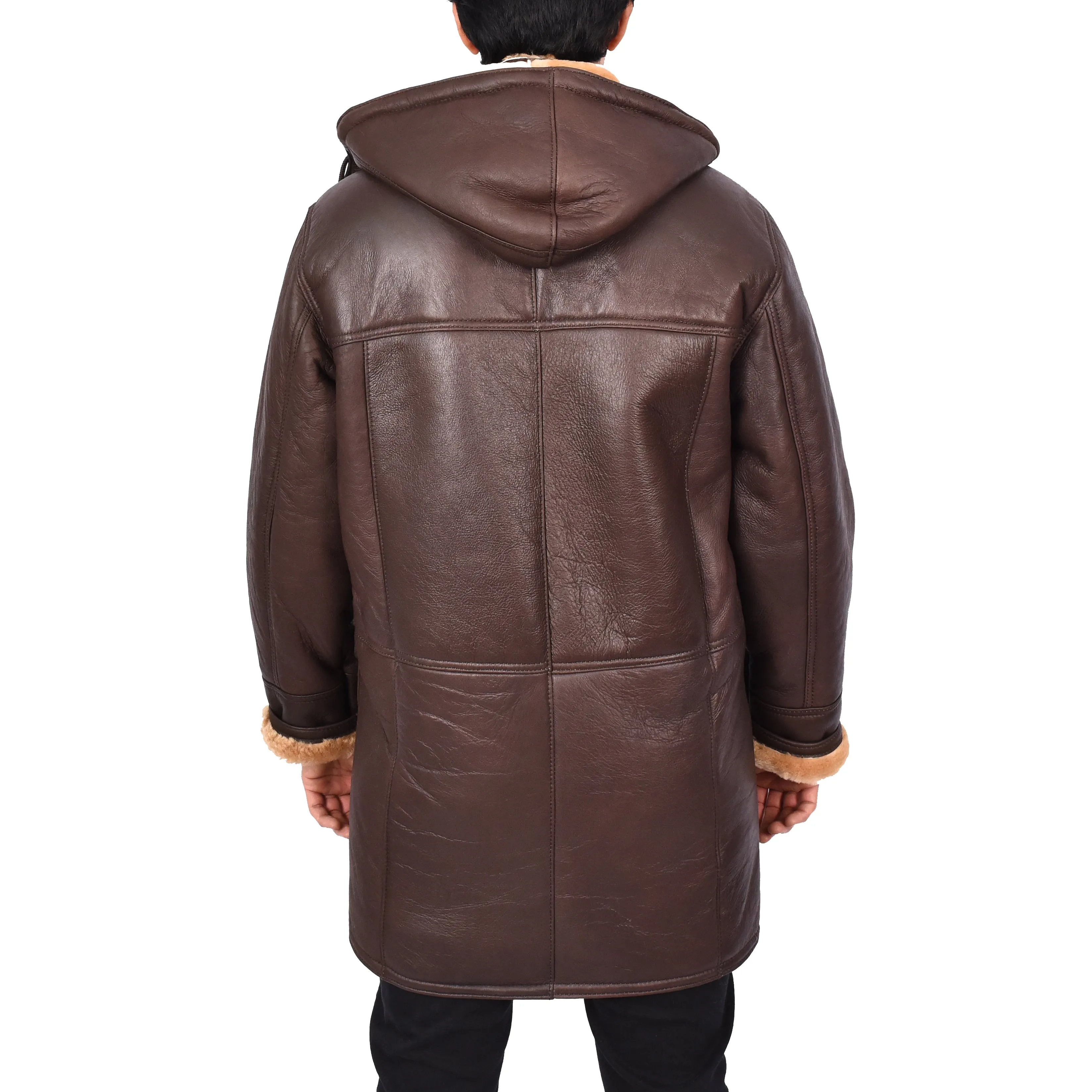 Men's Real Shearling Sheepskin Detachable Hoodie Duffle Coat Anderson Brown