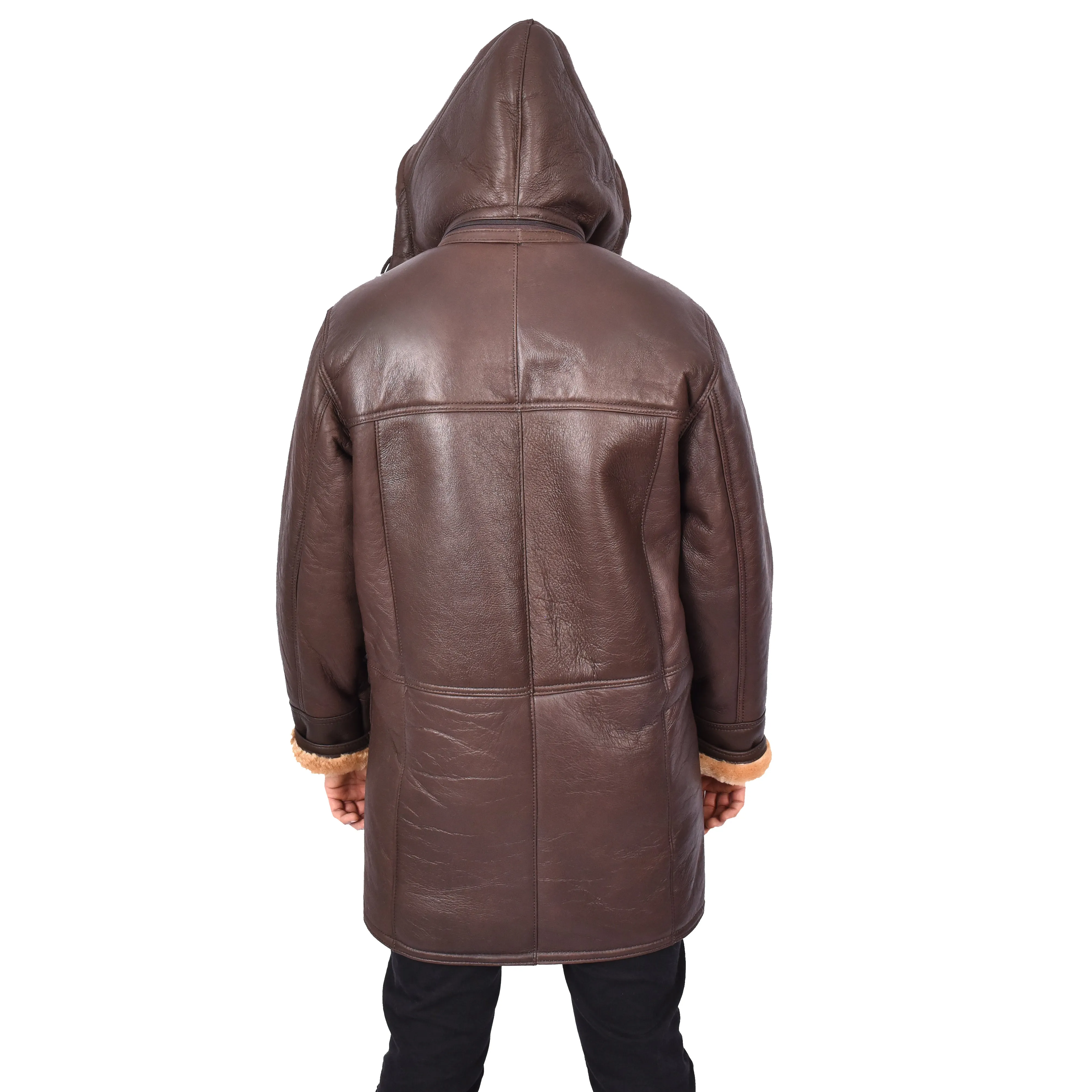 Men's Real Shearling Sheepskin Detachable Hoodie Duffle Coat Anderson Brown