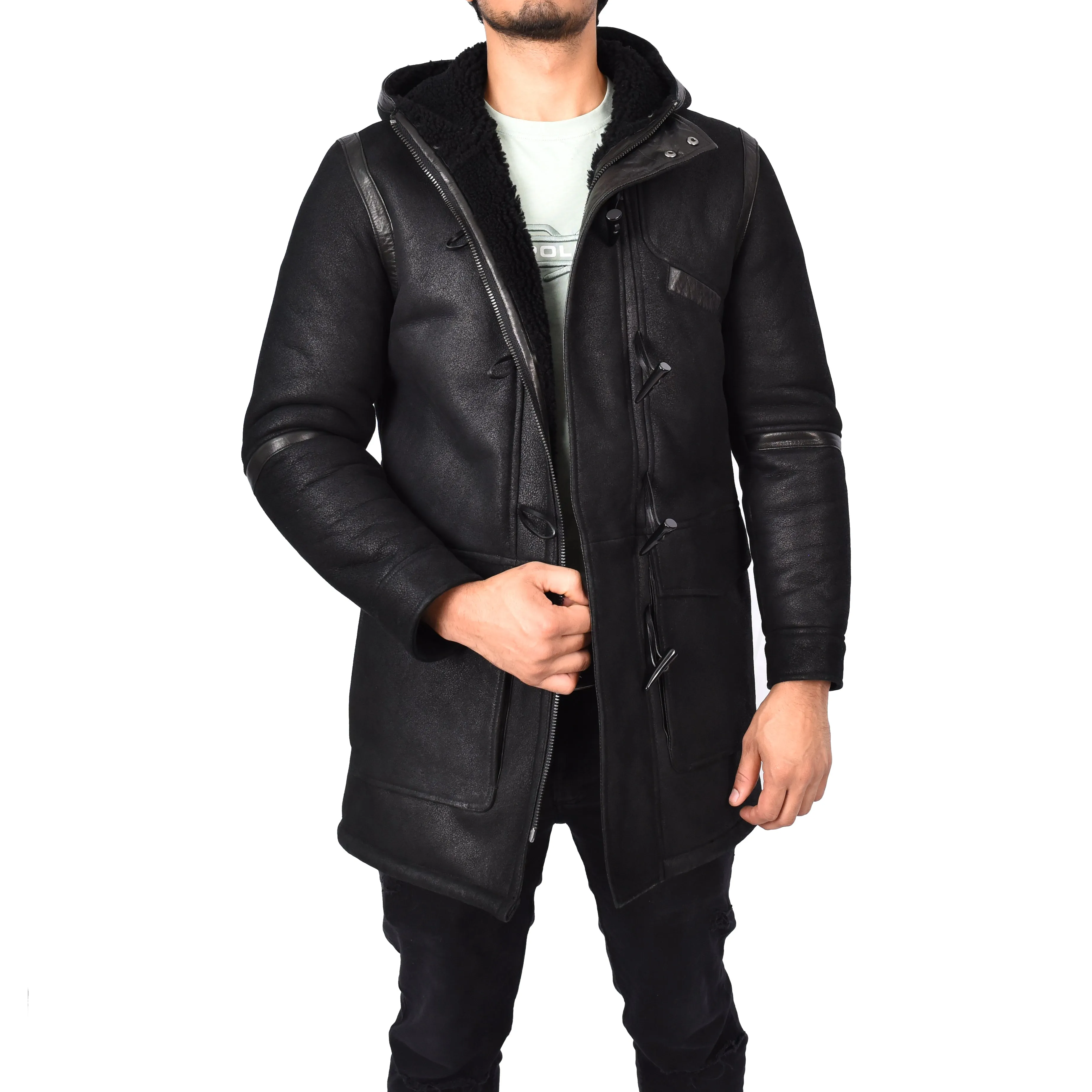 Men's Sheepskin Shearling Duffle Coat Gents Hoodie Jacket Anders Black