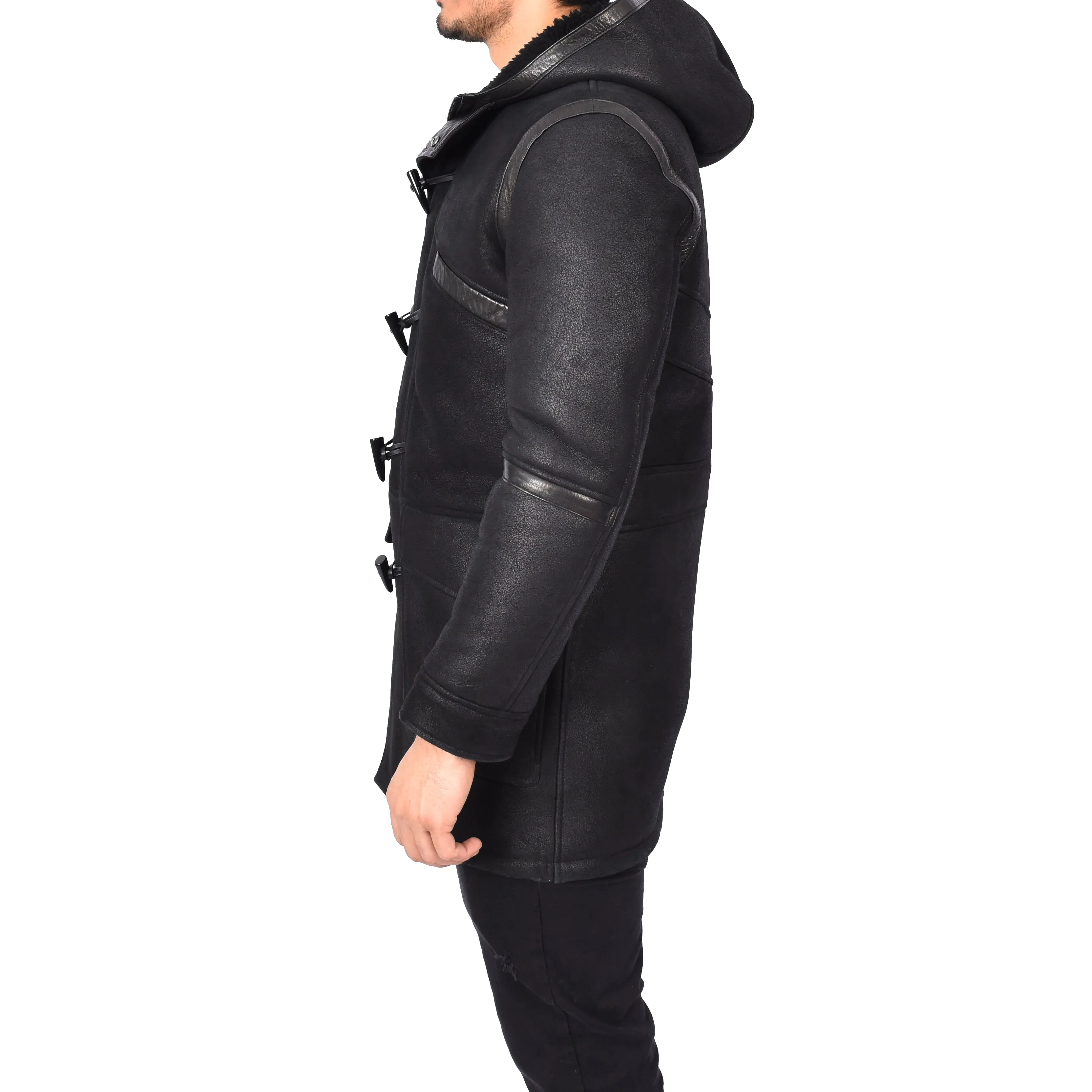 Men's Sheepskin Shearling Duffle Coat Gents Hoodie Jacket Anders Black