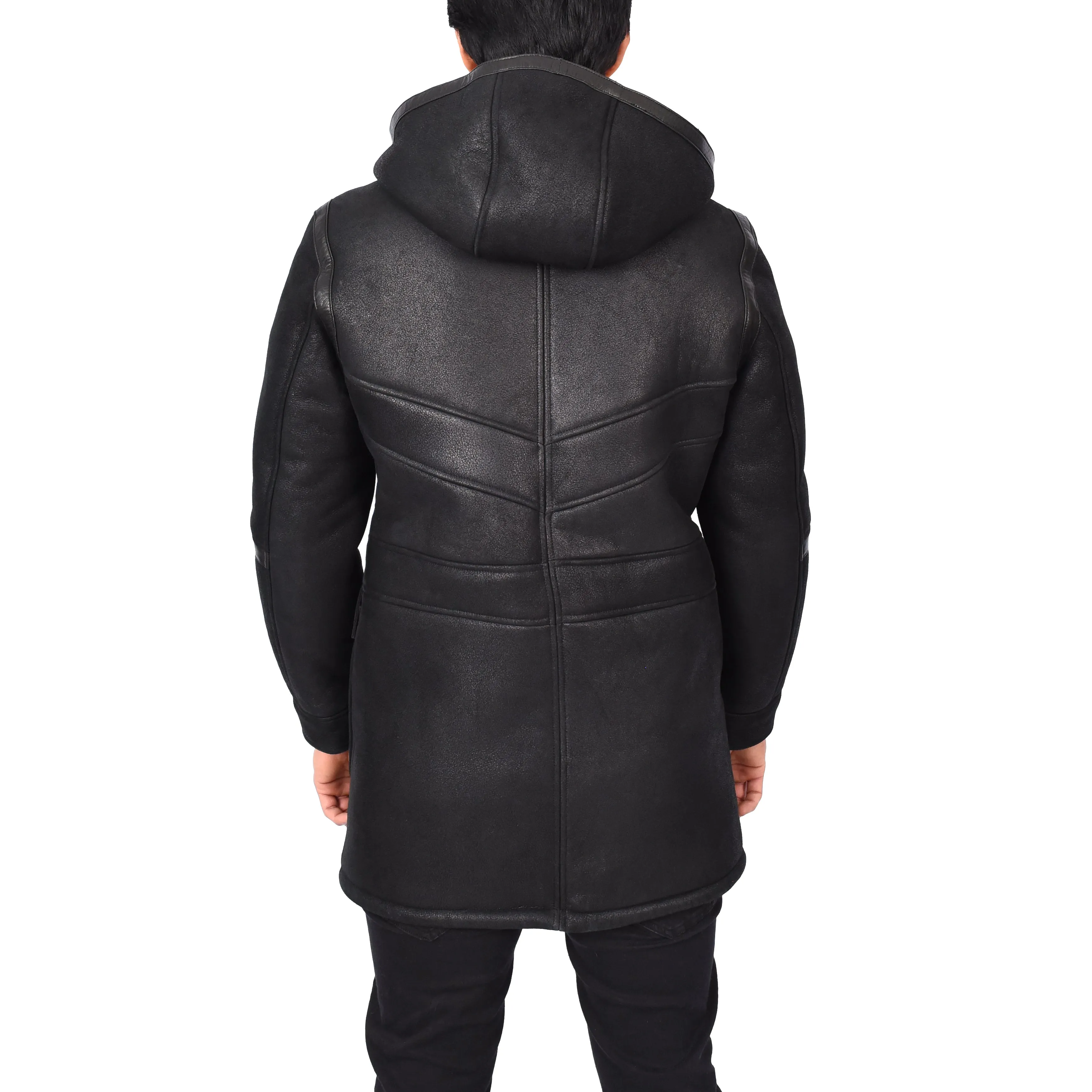 Men's Sheepskin Shearling Duffle Coat Gents Hoodie Jacket Anders Black